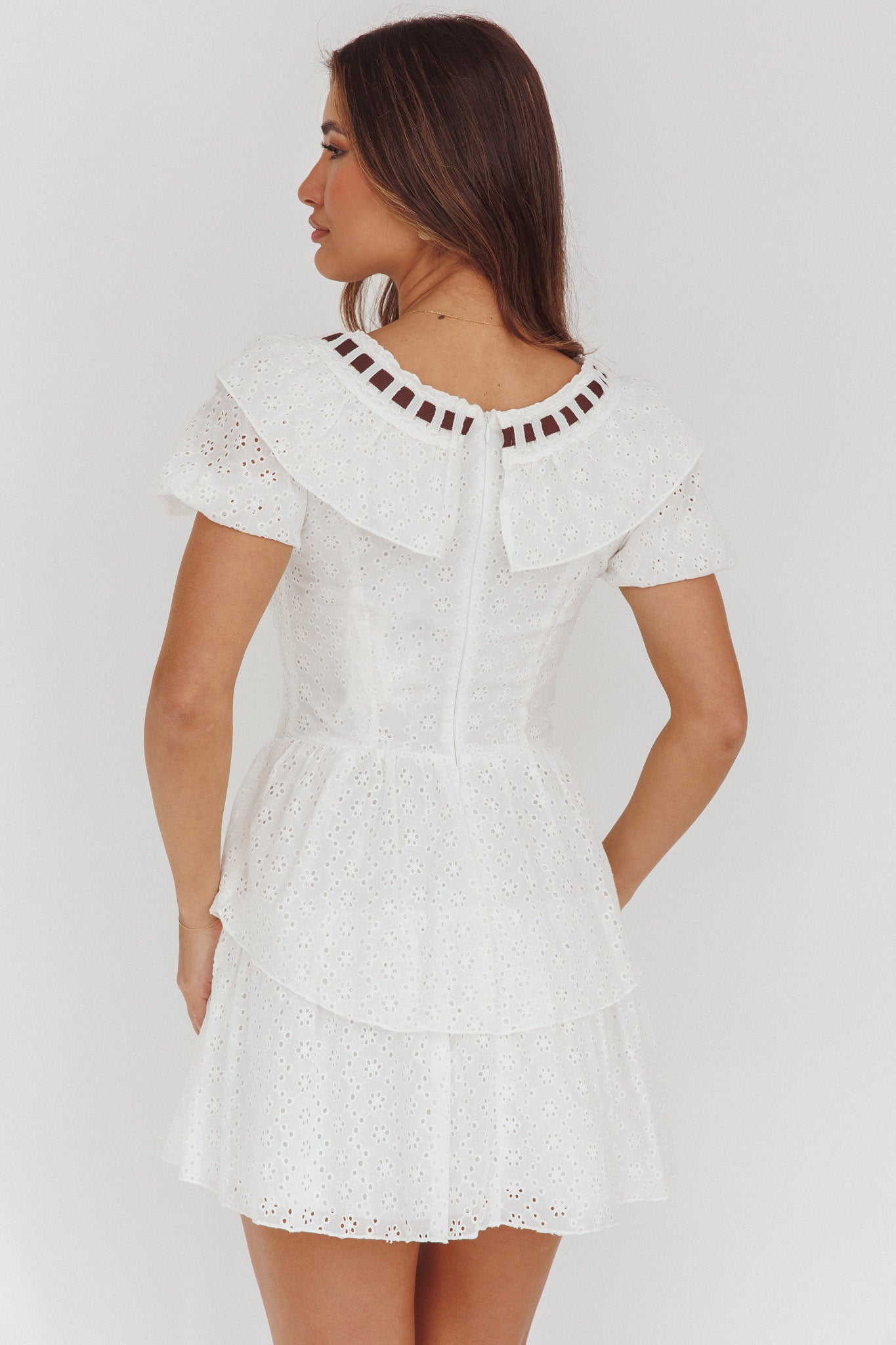 Rayelle Puff Sleeve Ruffle Eyelet Embroidery Mini Dress White-Maymioy