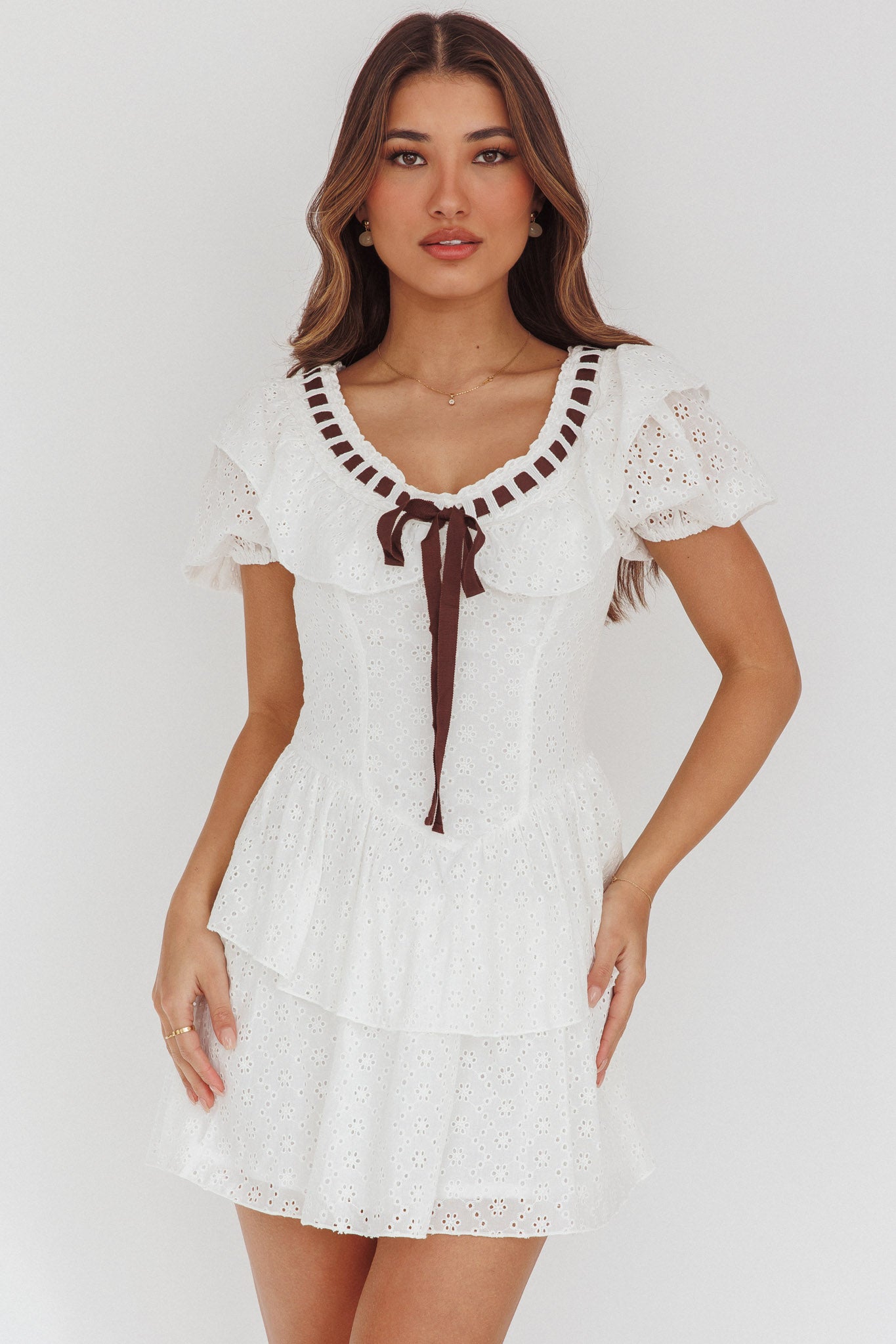 Rayelle Puff Sleeve Ruffle Eyelet Embroidery Mini Dress White-Maymioy