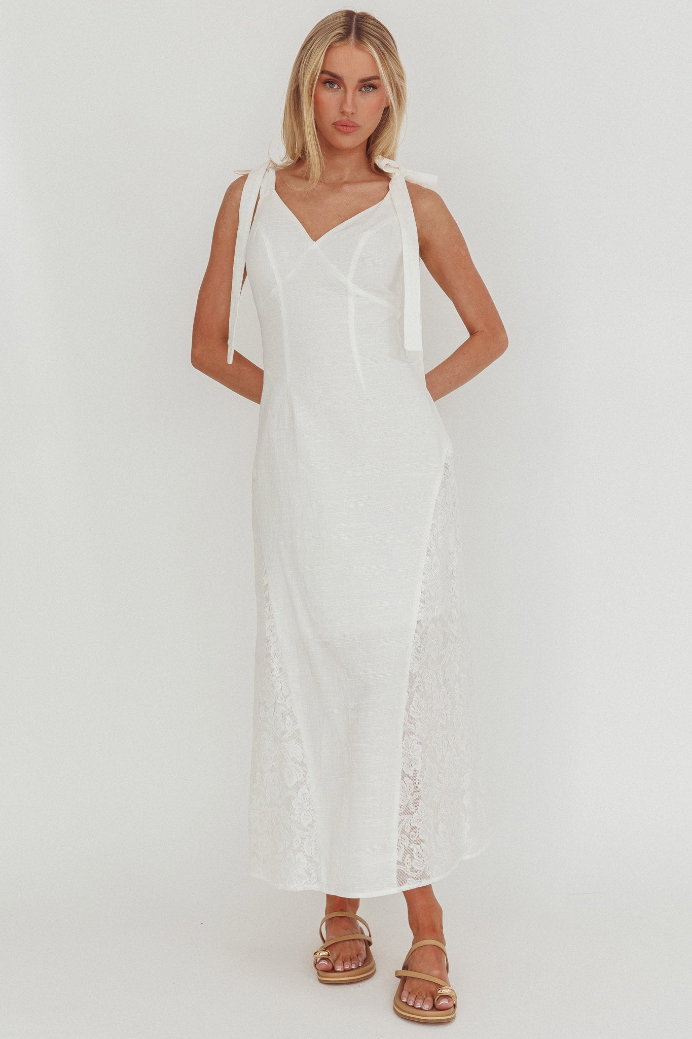 Lead Me On Lace Panel Maxi Dress White-Maymioy