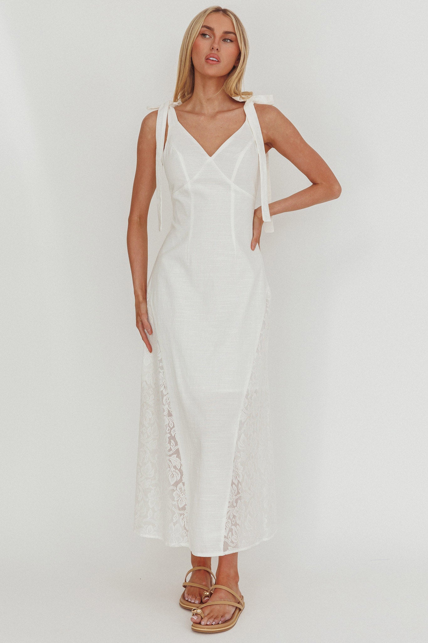 Lead Me On Lace Panel Maxi Dress White-Maymioy
