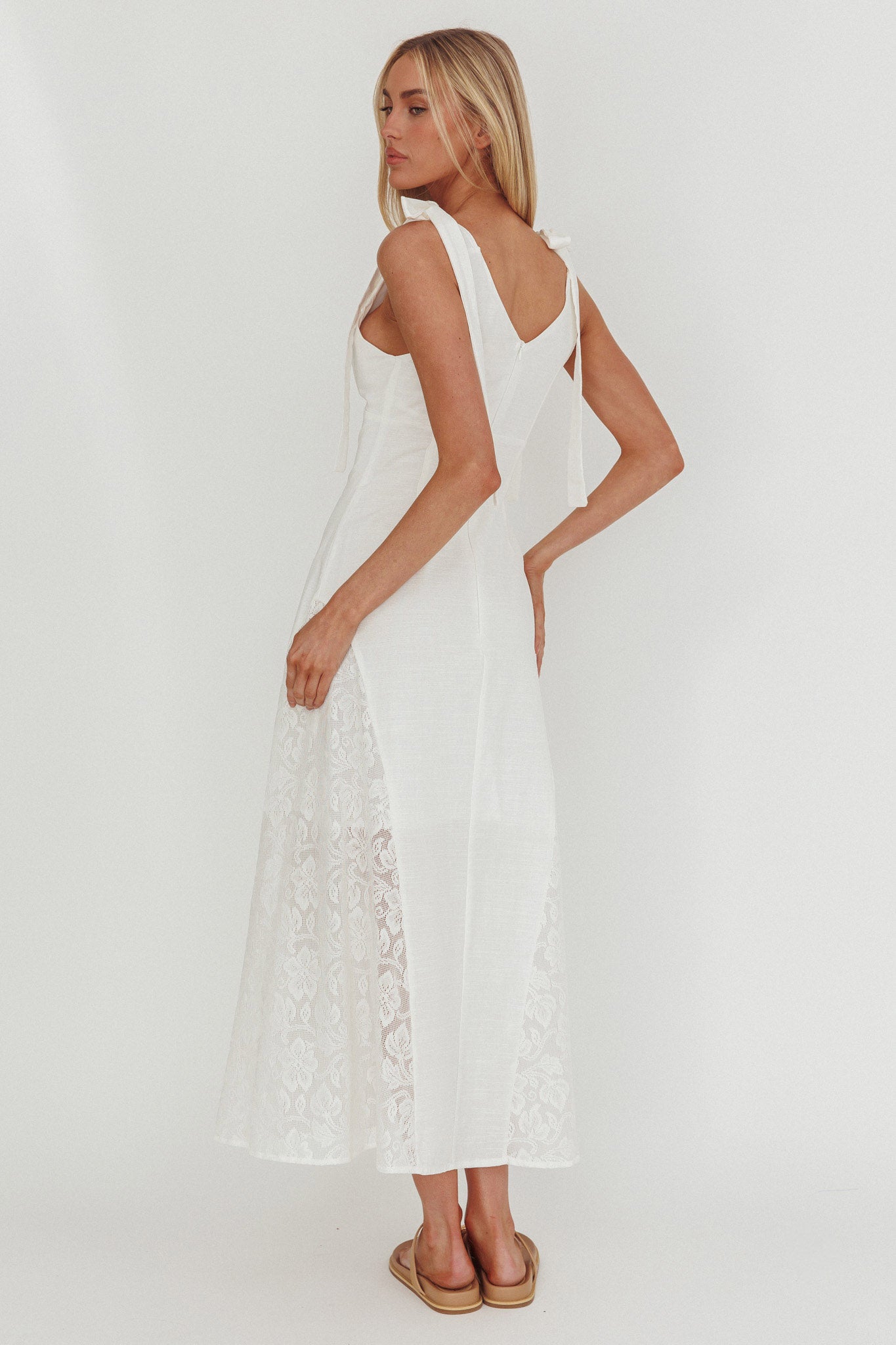 Lead Me On Lace Panel Maxi Dress White-Maymioy