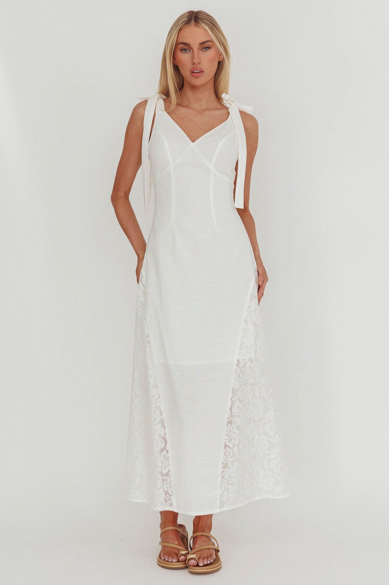 Lead Me On Lace Panel Maxi Dress White-Maymioy