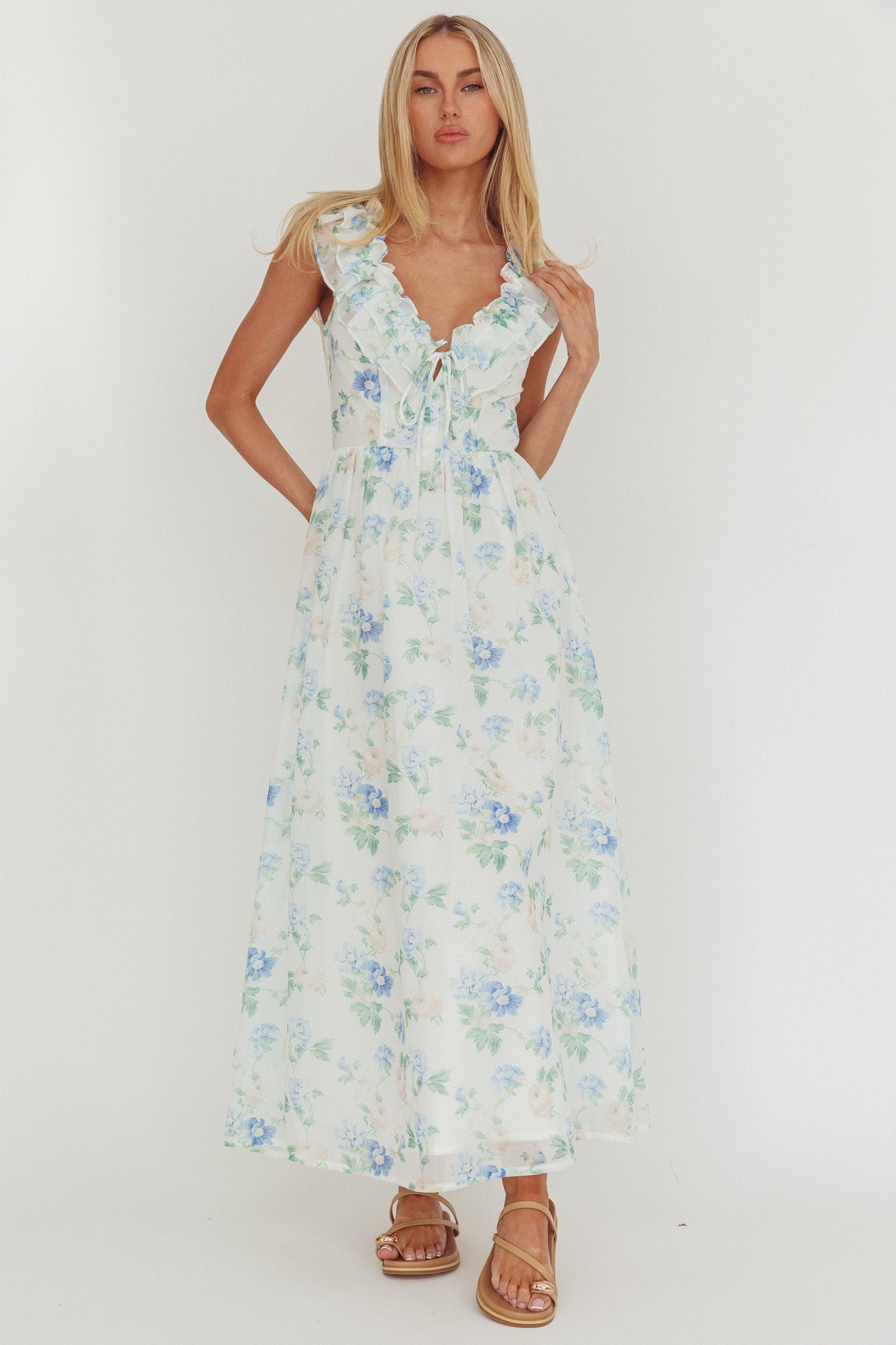Spring Harvest Frill Neckline Maxi Dress Floral Blue-Maymioy