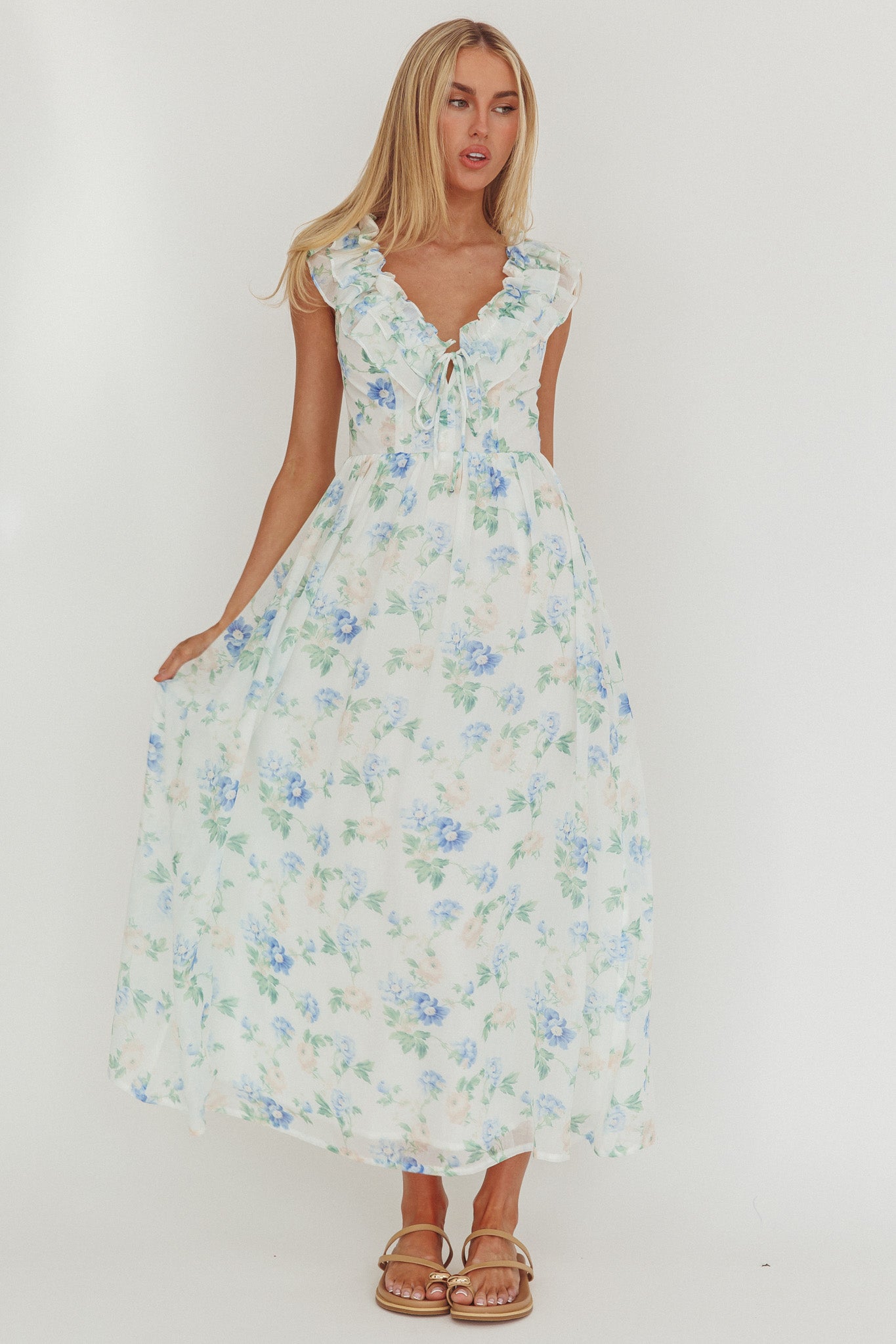 Spring Harvest Frill Neckline Maxi Dress Floral Blue-Maymioy