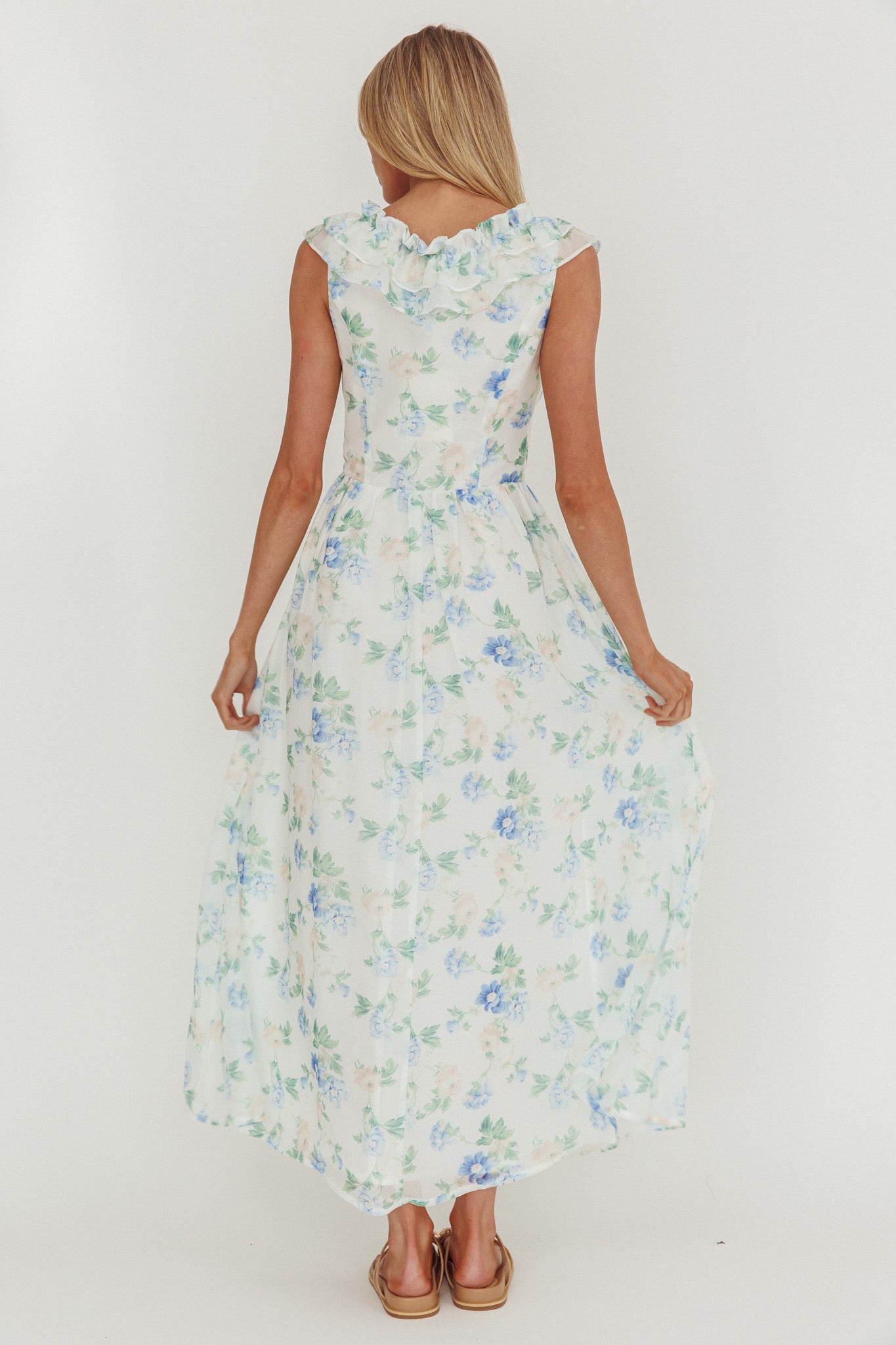 Spring Harvest Frill Neckline Maxi Dress Floral Blue-Maymioy