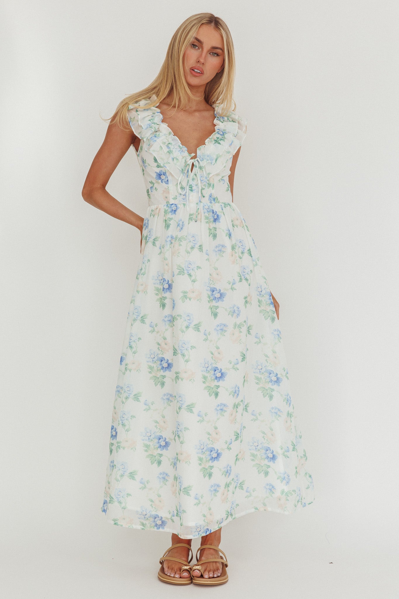 Spring Harvest Frill Neckline Maxi Dress Floral Blue-Maymioy