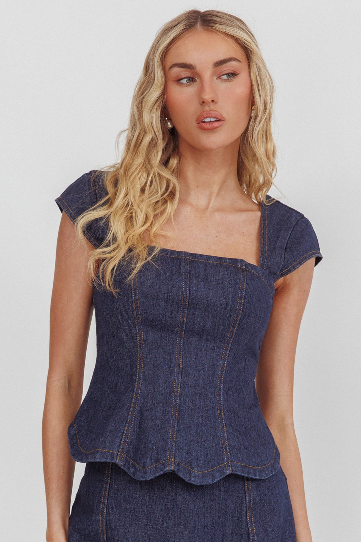Halen Cap Sleeve Scalloped Top Indigo-Maymioy