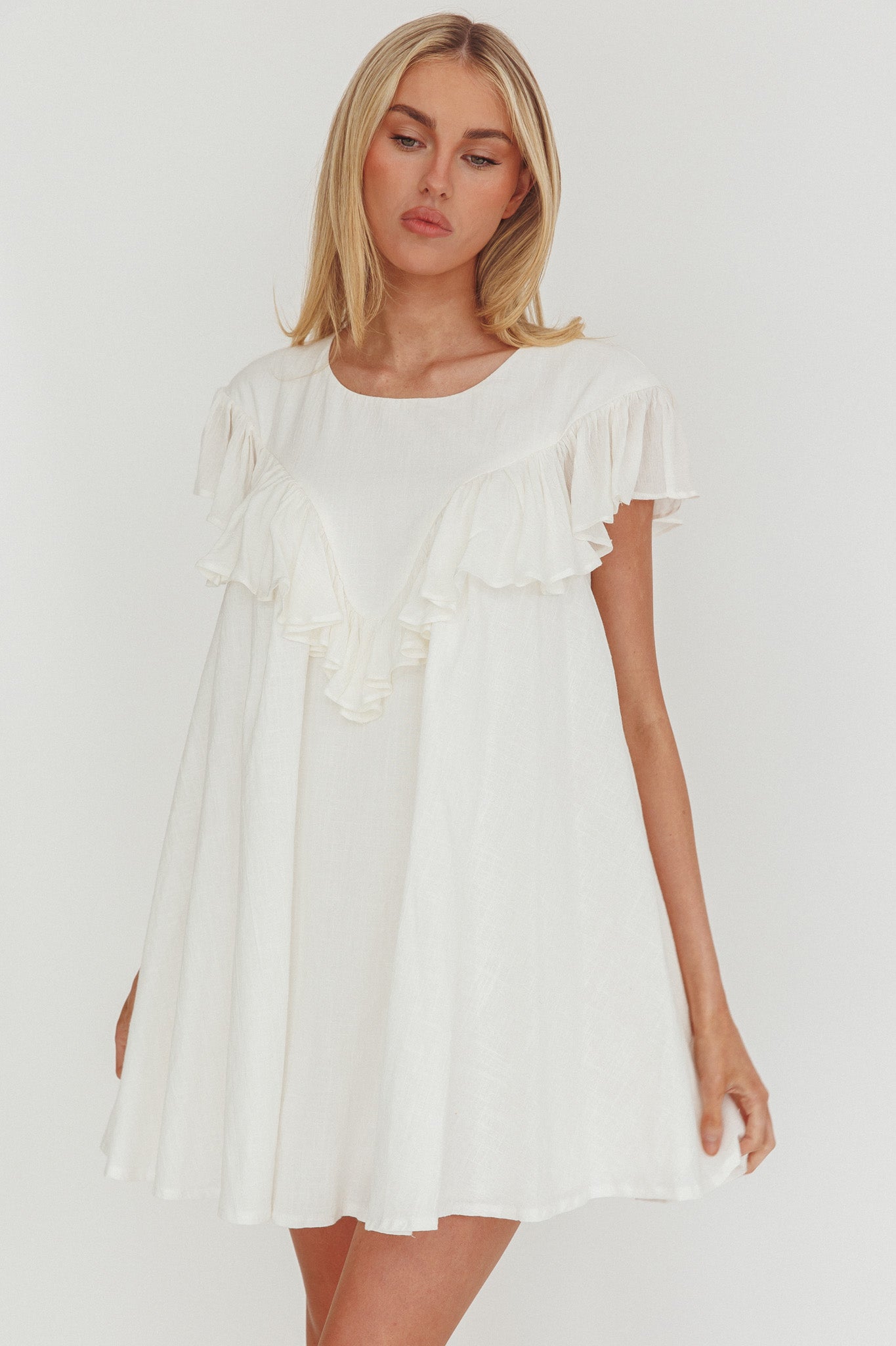 Sunshine Weekend Frill Trim Babydoll Mini Dress White-Maymioy