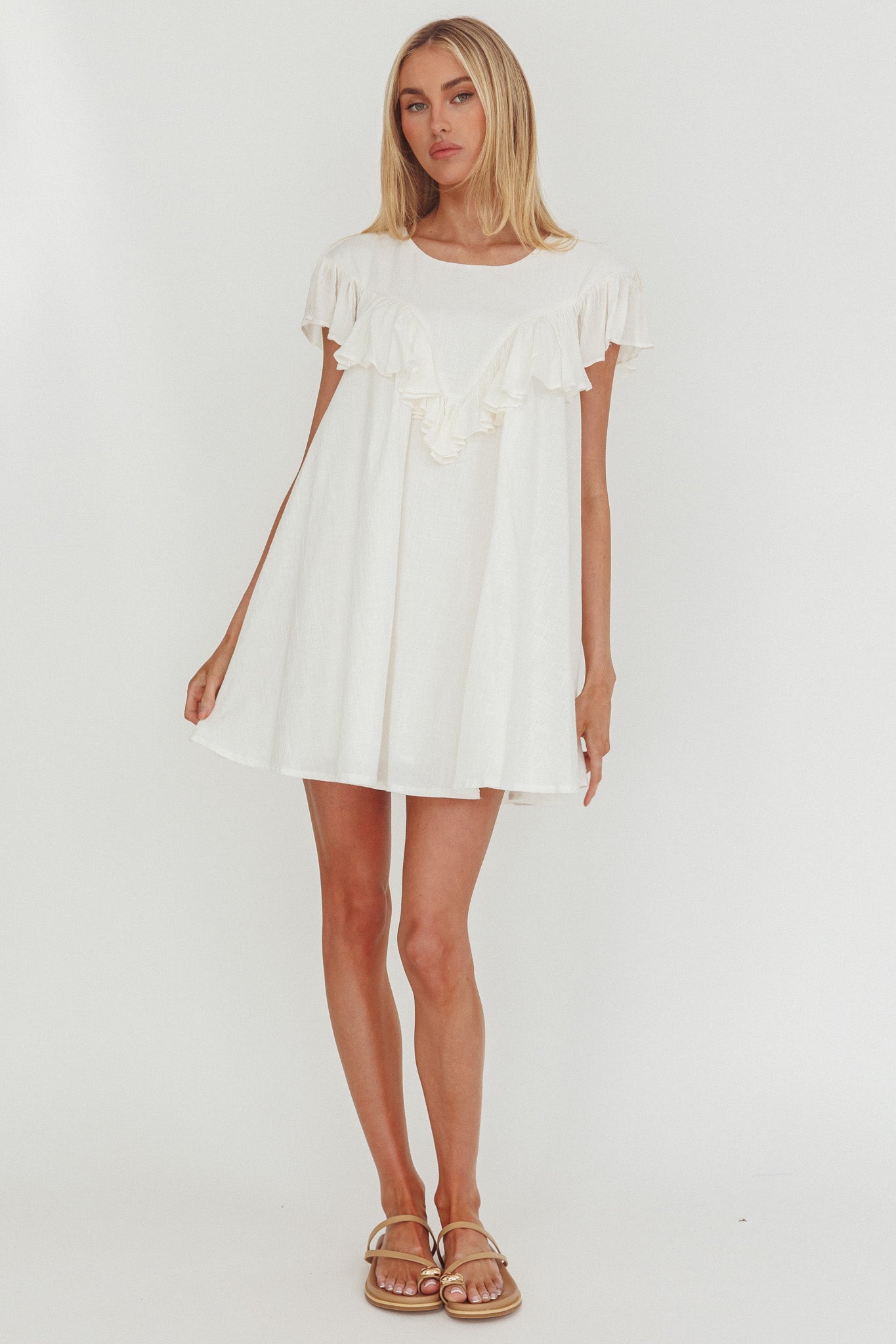 Sunshine Weekend Frill Trim Babydoll Mini Dress White-Maymioy