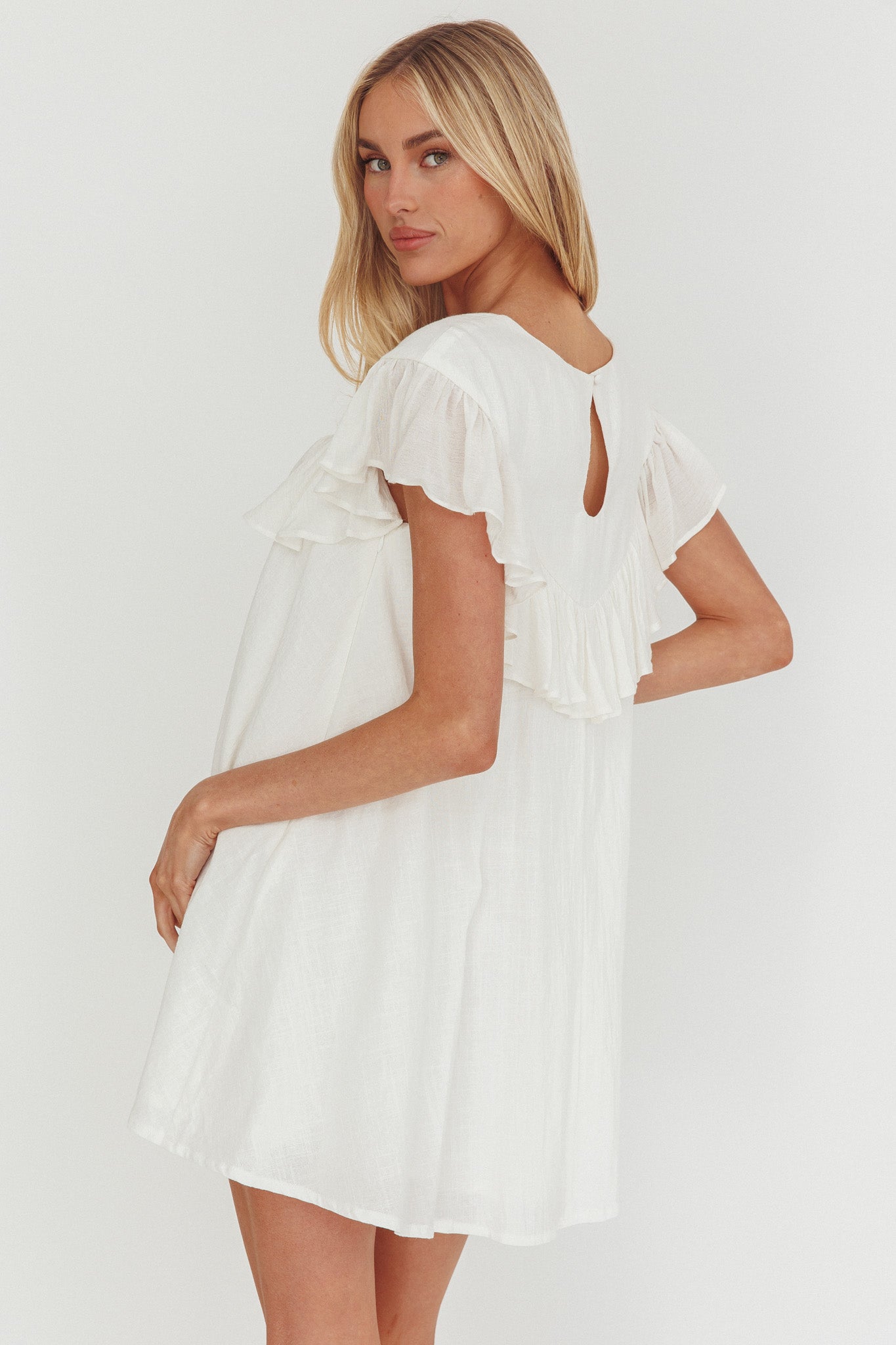 Sunshine Weekend Frill Trim Babydoll Mini Dress White-Maymioy