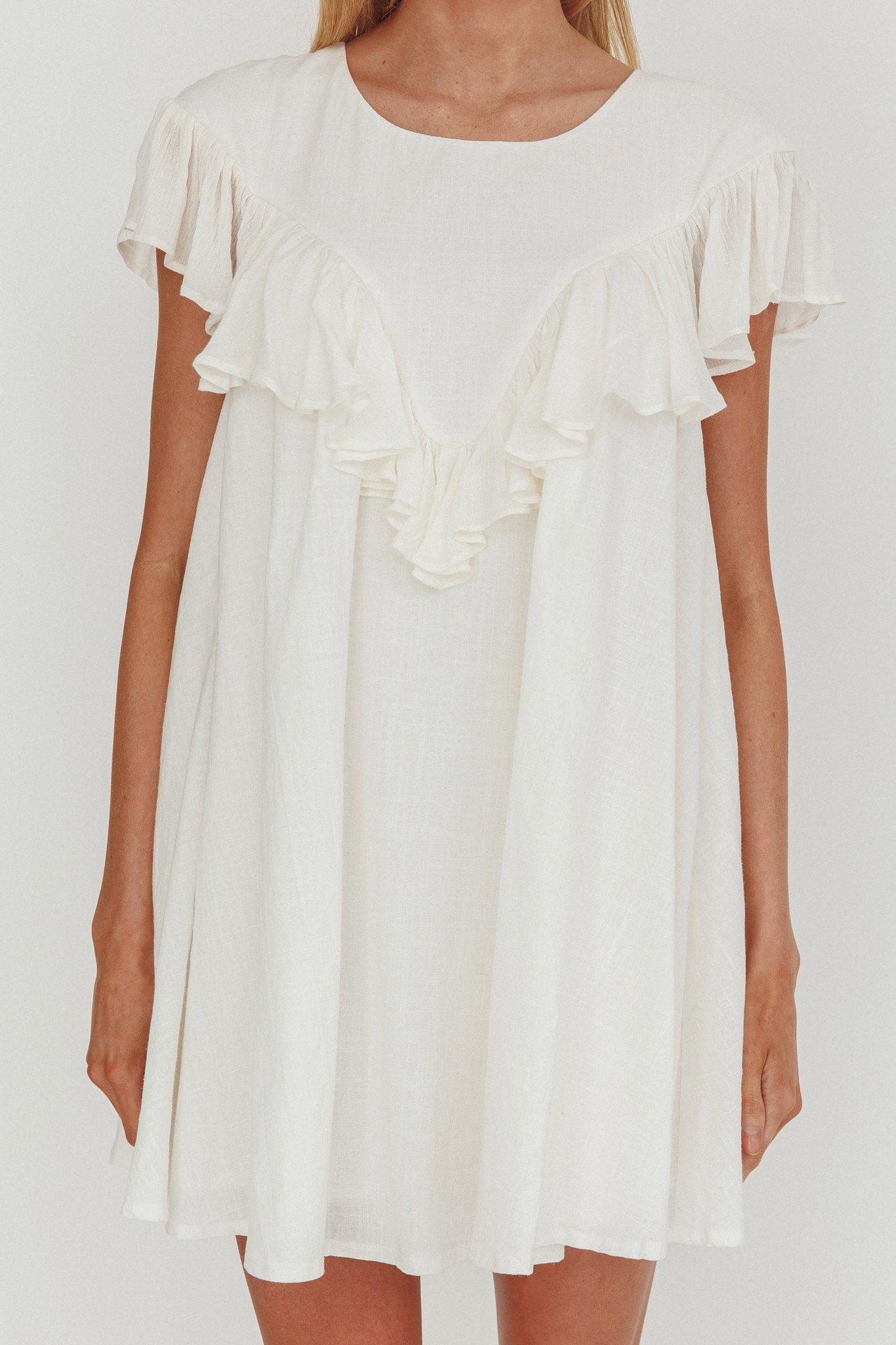 Sunshine Weekend Frill Trim Babydoll Mini Dress White-Maymioy