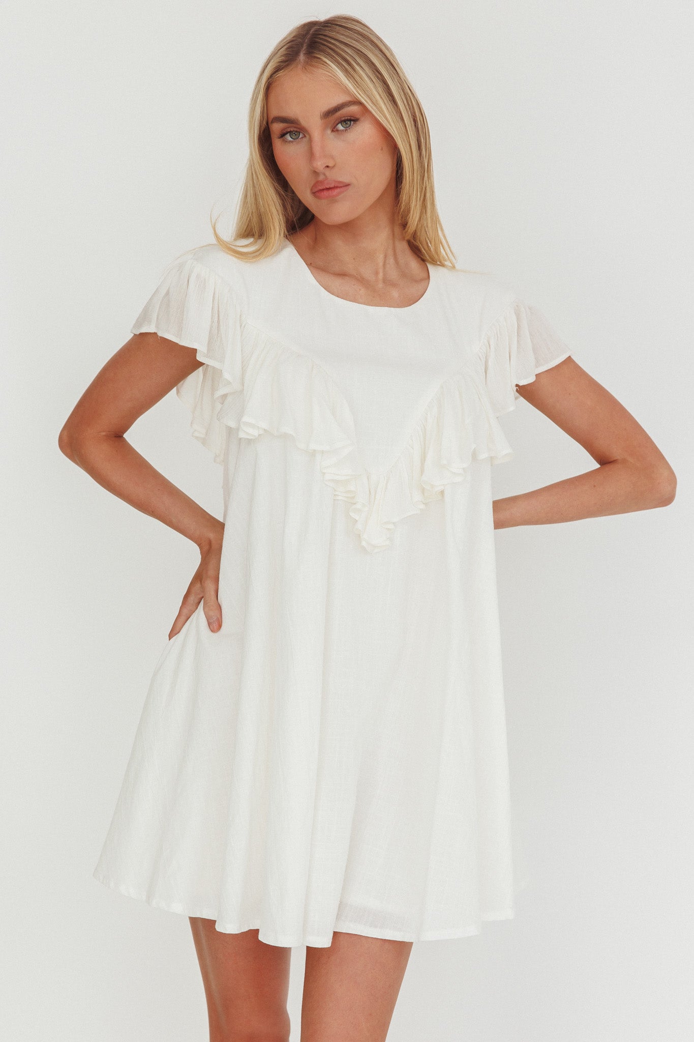 Sunshine Weekend Frill Trim Babydoll Mini Dress White-Maymioy
