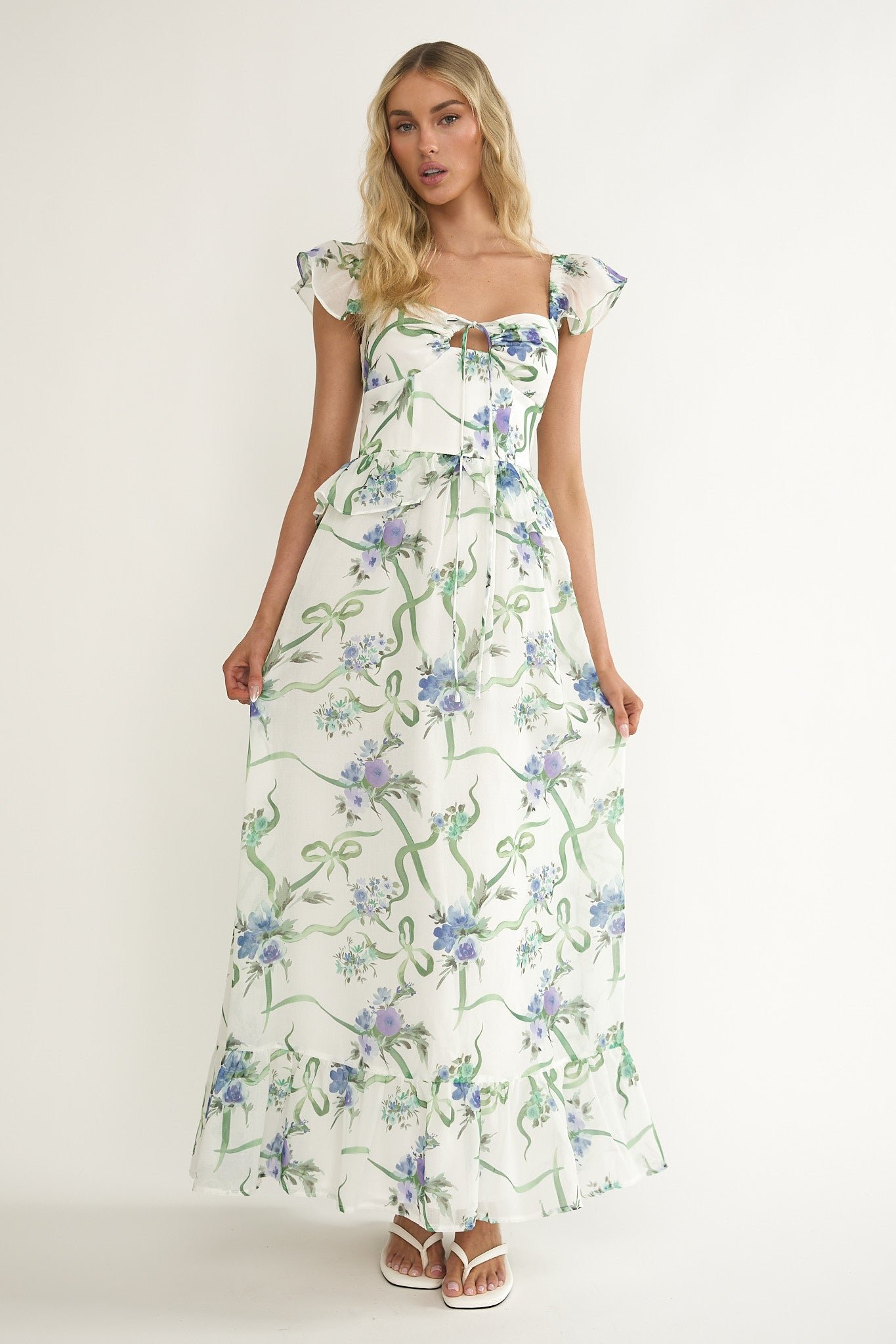 Hanalei Off-Shoulder Tied Bust Maxi Dress Floral White-Maymioy