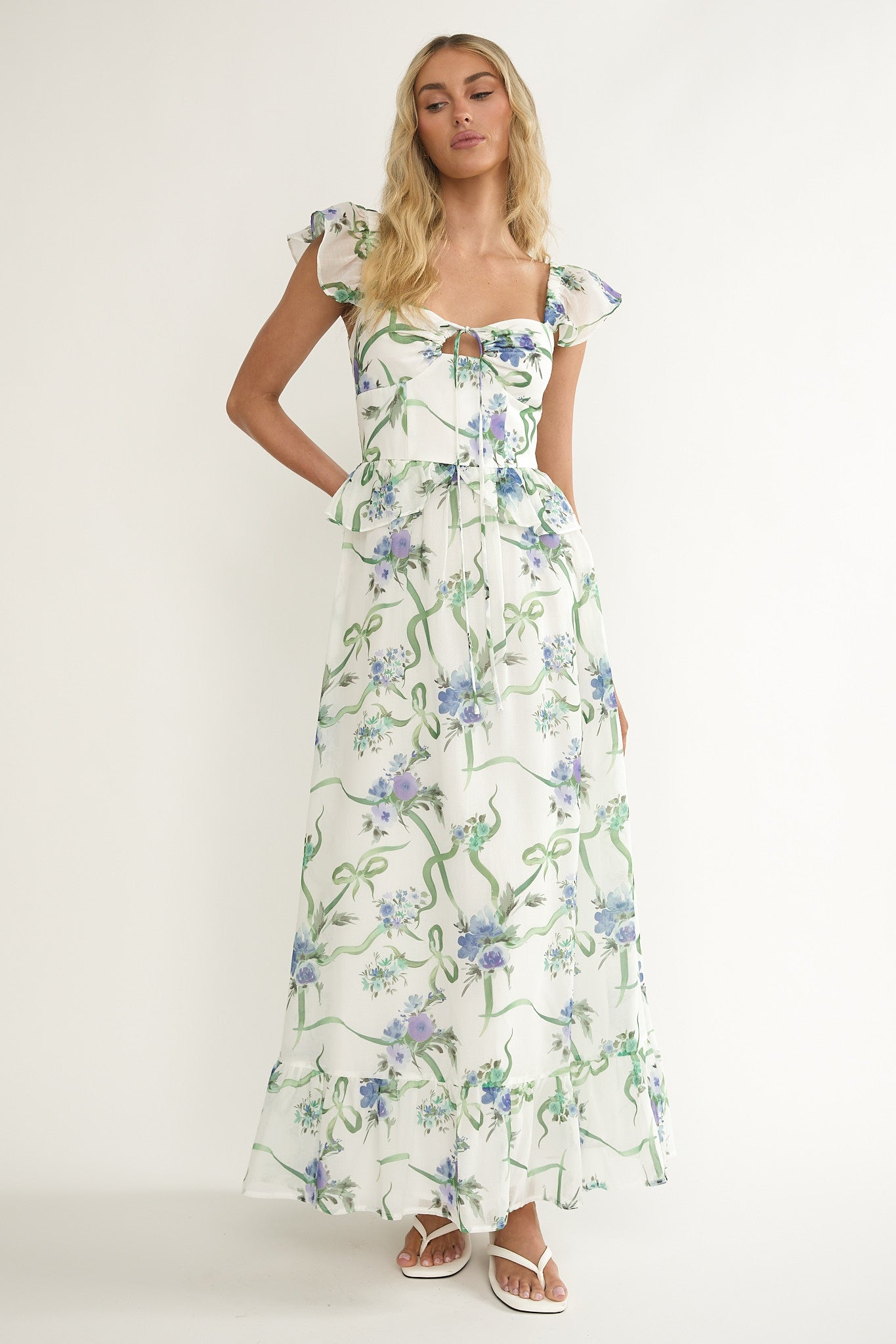 Hanalei Off-Shoulder Tied Bust Maxi Dress Floral White-Maymioy