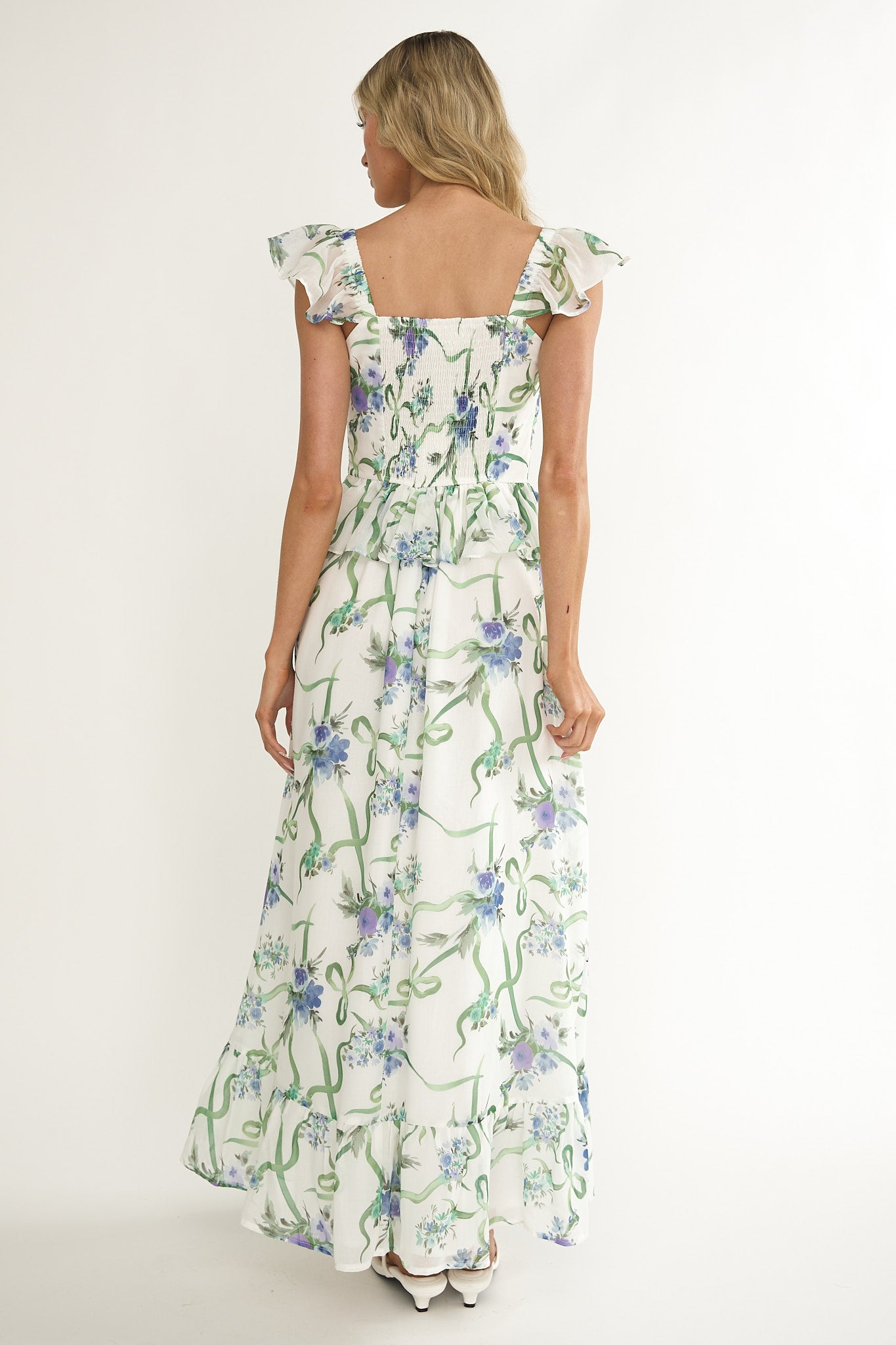 Hanalei Off-Shoulder Tied Bust Maxi Dress Floral White-Maymioy