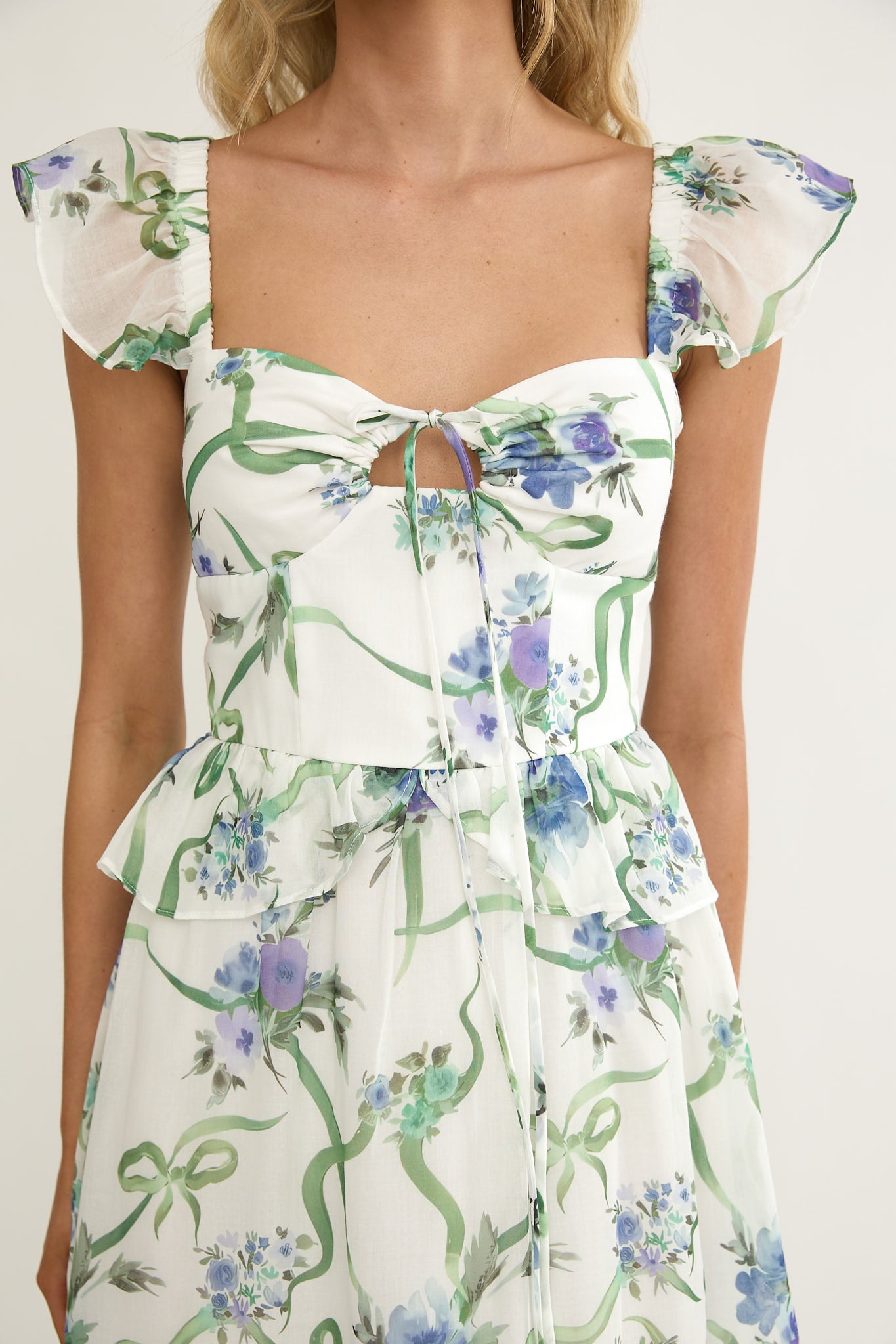 Hanalei Off-Shoulder Tied Bust Maxi Dress Floral White-Maymioy
