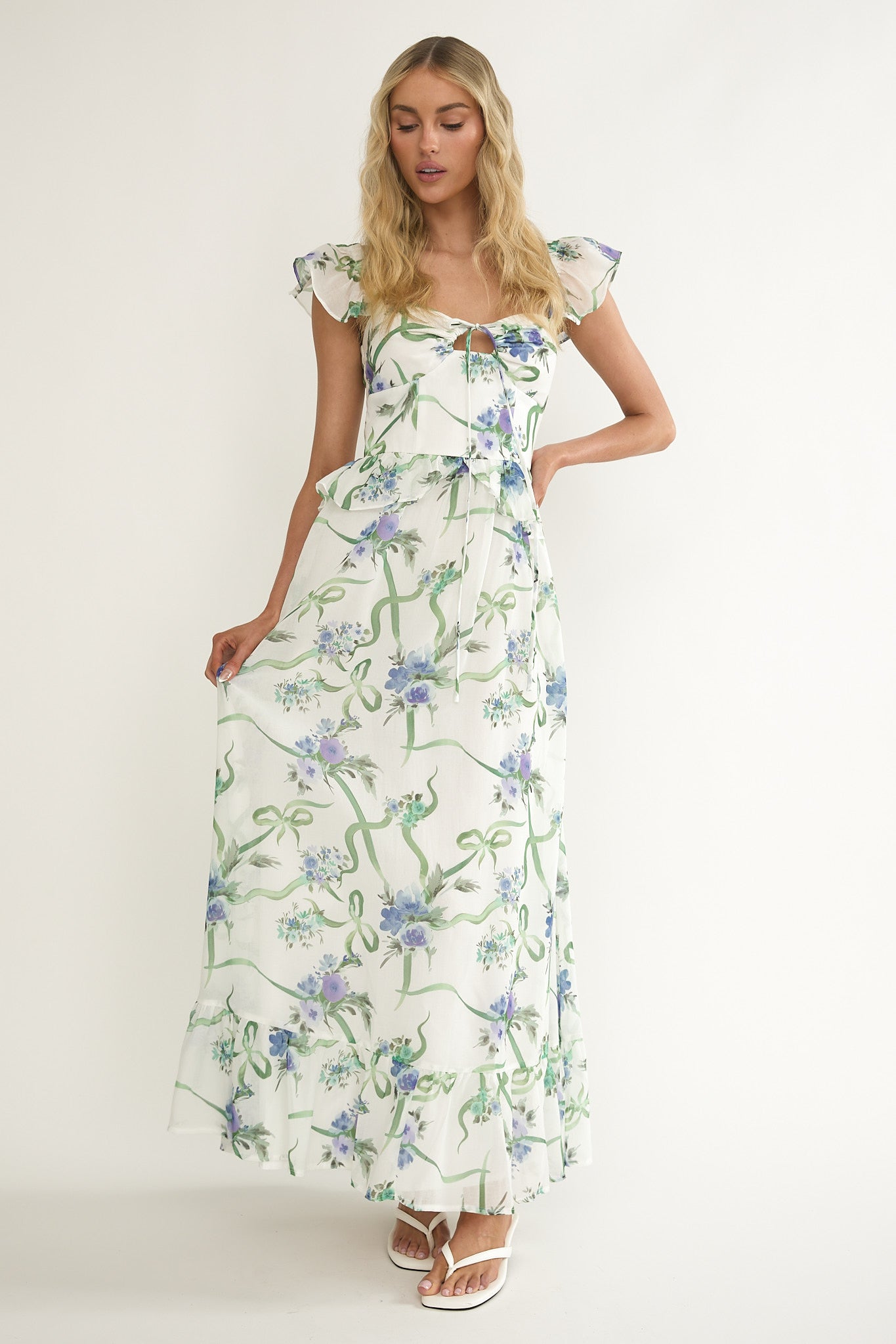 Hanalei Off-Shoulder Tied Bust Maxi Dress Floral White-Maymioy