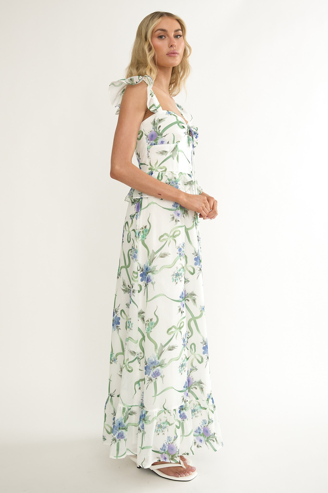 Hanalei Off-Shoulder Tied Bust Maxi Dress Floral White-Maymioy
