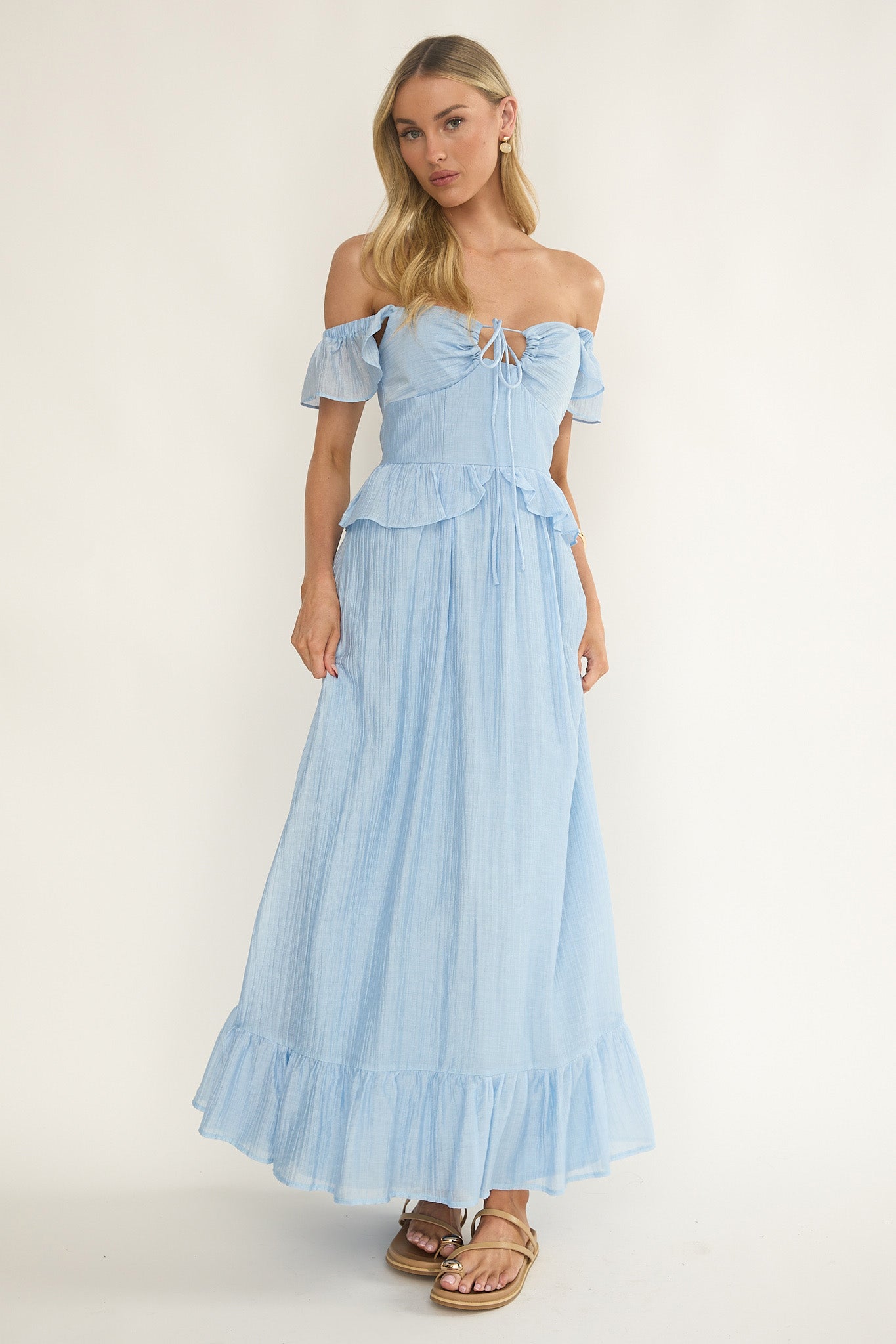 Hanalei Off-Shoulder Tied Bust Maxi Dress Light Blue-Maymioy
