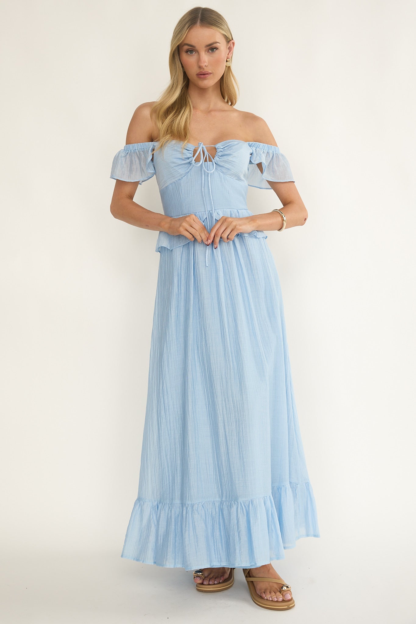 Hanalei Off-Shoulder Tied Bust Maxi Dress Light Blue-Maymioy