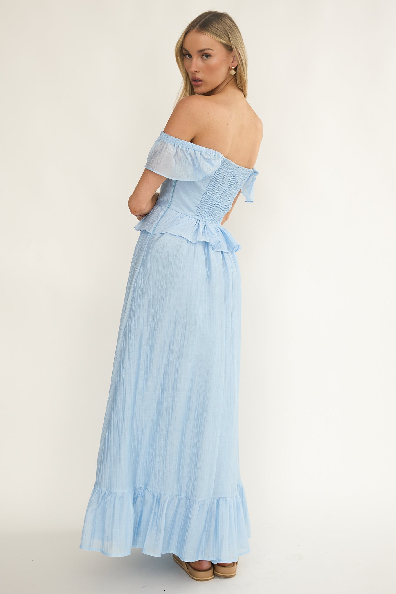 Hanalei Off-Shoulder Tied Bust Maxi Dress Light Blue-Maymioy