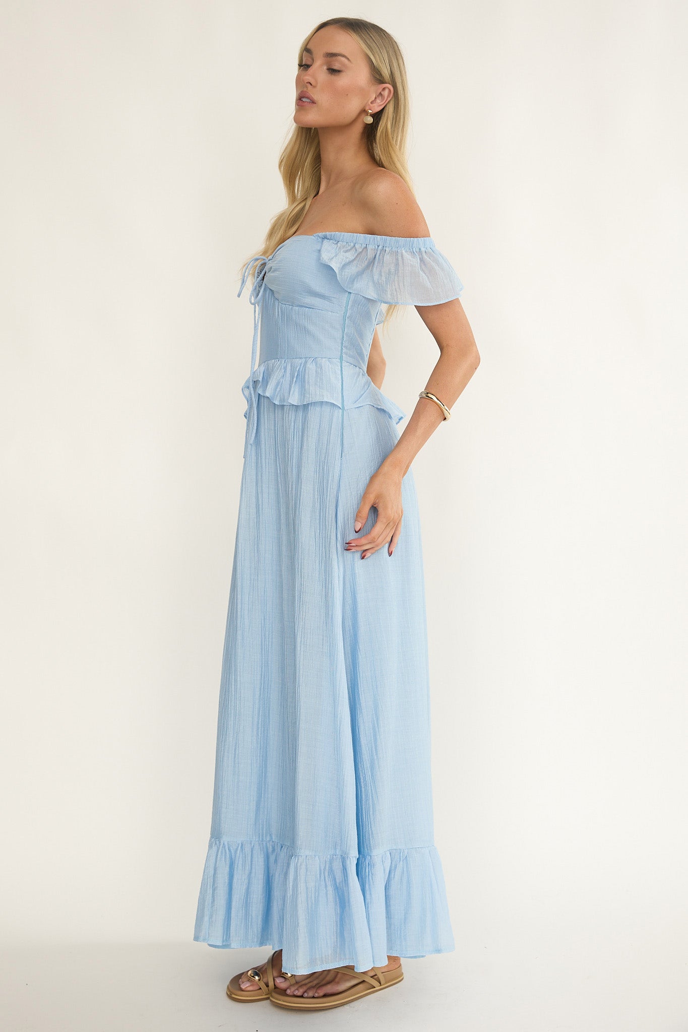 Hanalei Off-Shoulder Tied Bust Maxi Dress Light Blue-Maymioy