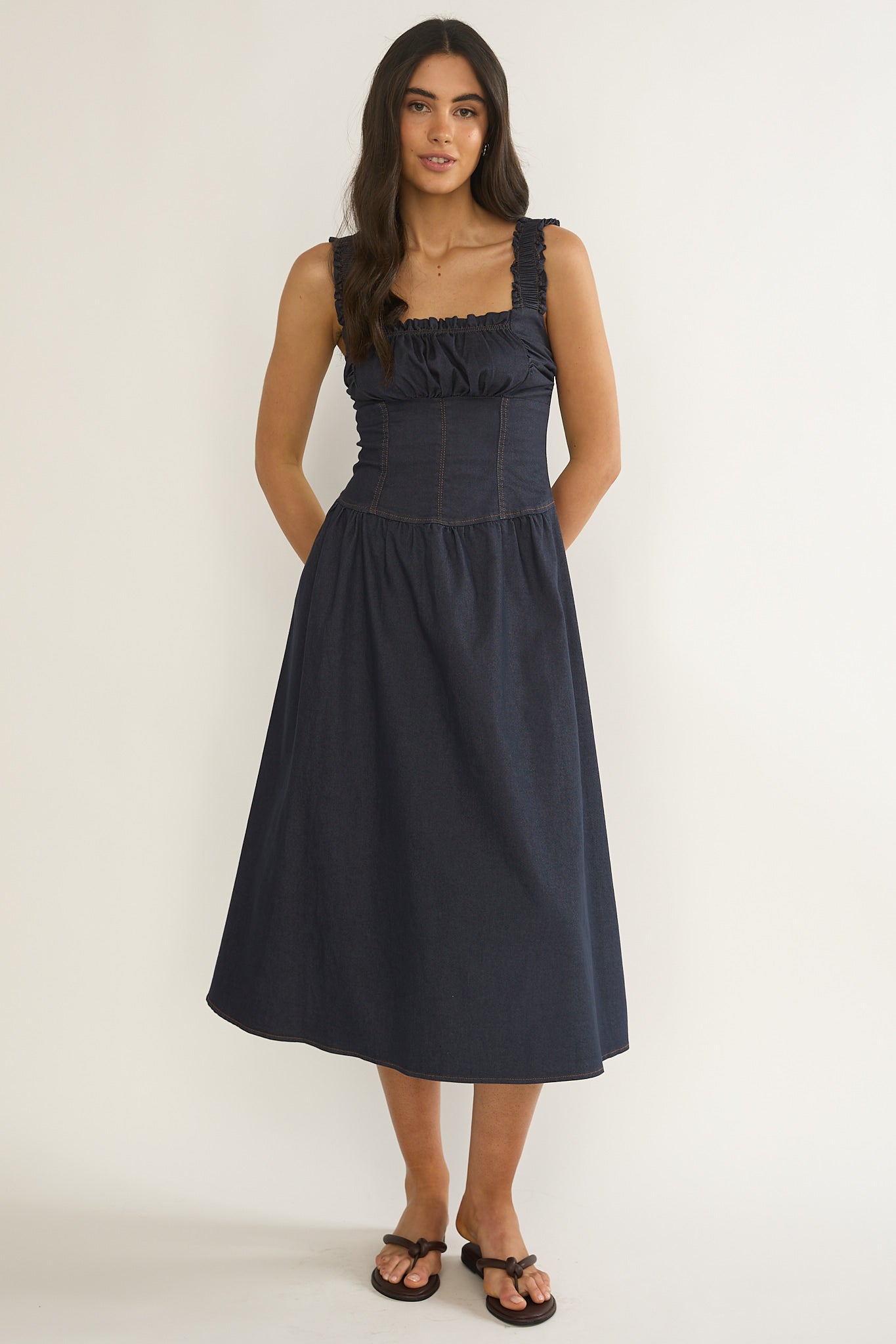 Idyllic Gathered Bust Midi Dress Indigo-Maymioy