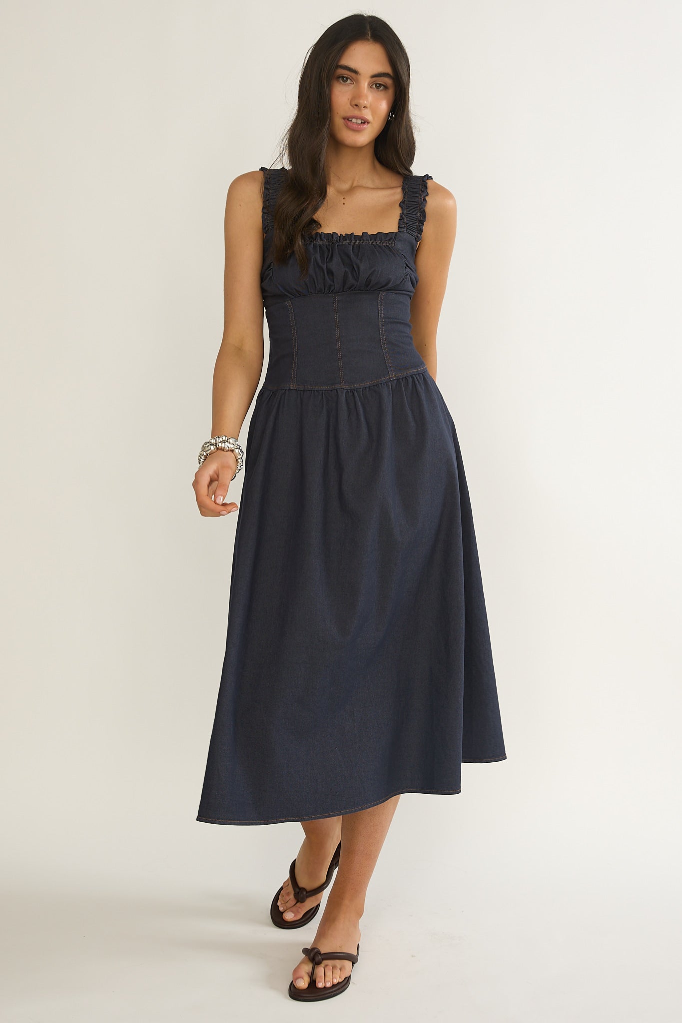 Idyllic Gathered Bust Midi Dress Indigo-Maymioy