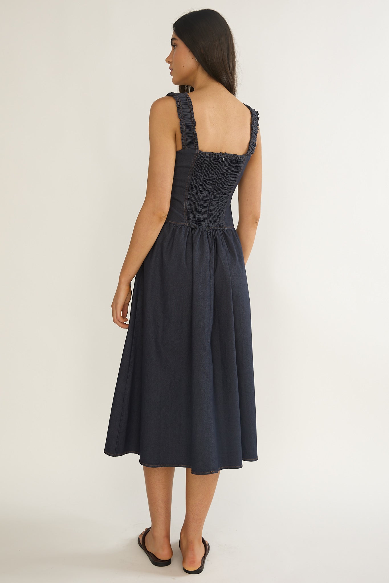 Idyllic Gathered Bust Midi Dress Indigo-Maymioy