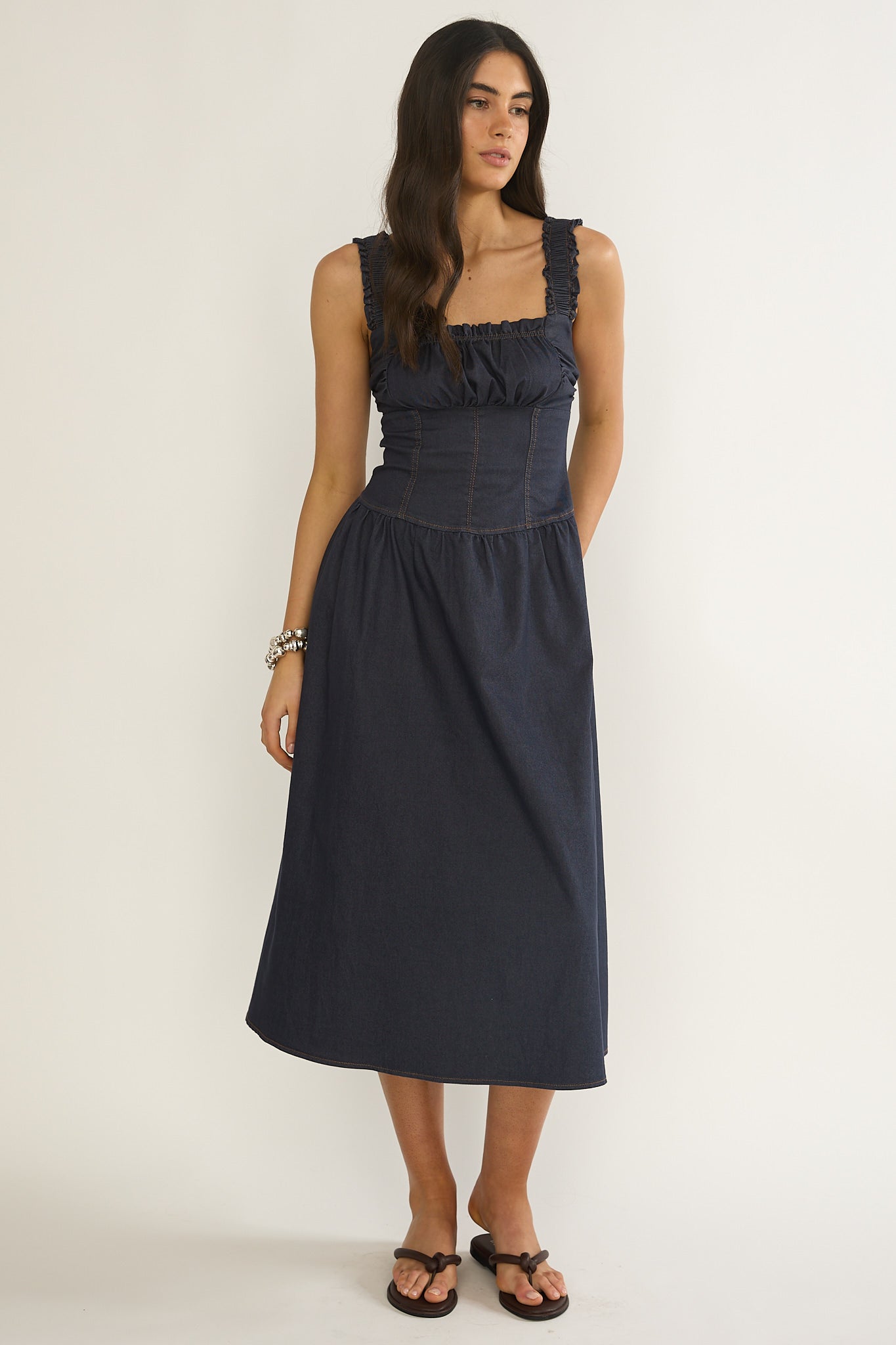 Idyllic Gathered Bust Midi Dress Indigo-Maymioy
