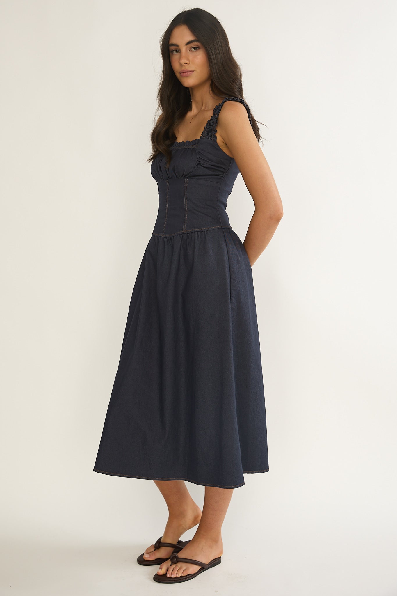 Idyllic Gathered Bust Midi Dress Indigo-Maymioy