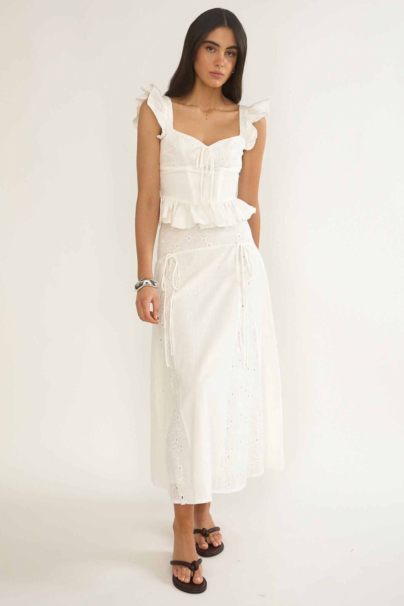 Danette String Tie Embroidery Maxi Skirt White-Maymioy
