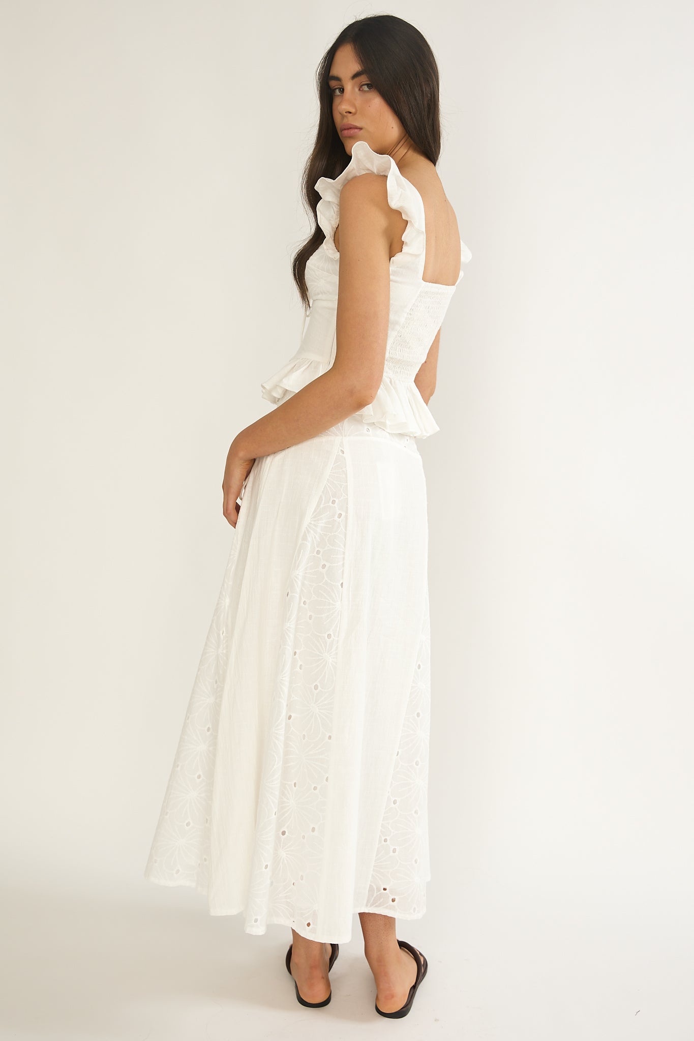 Danette String Tie Embroidery Maxi Skirt White-Maymioy