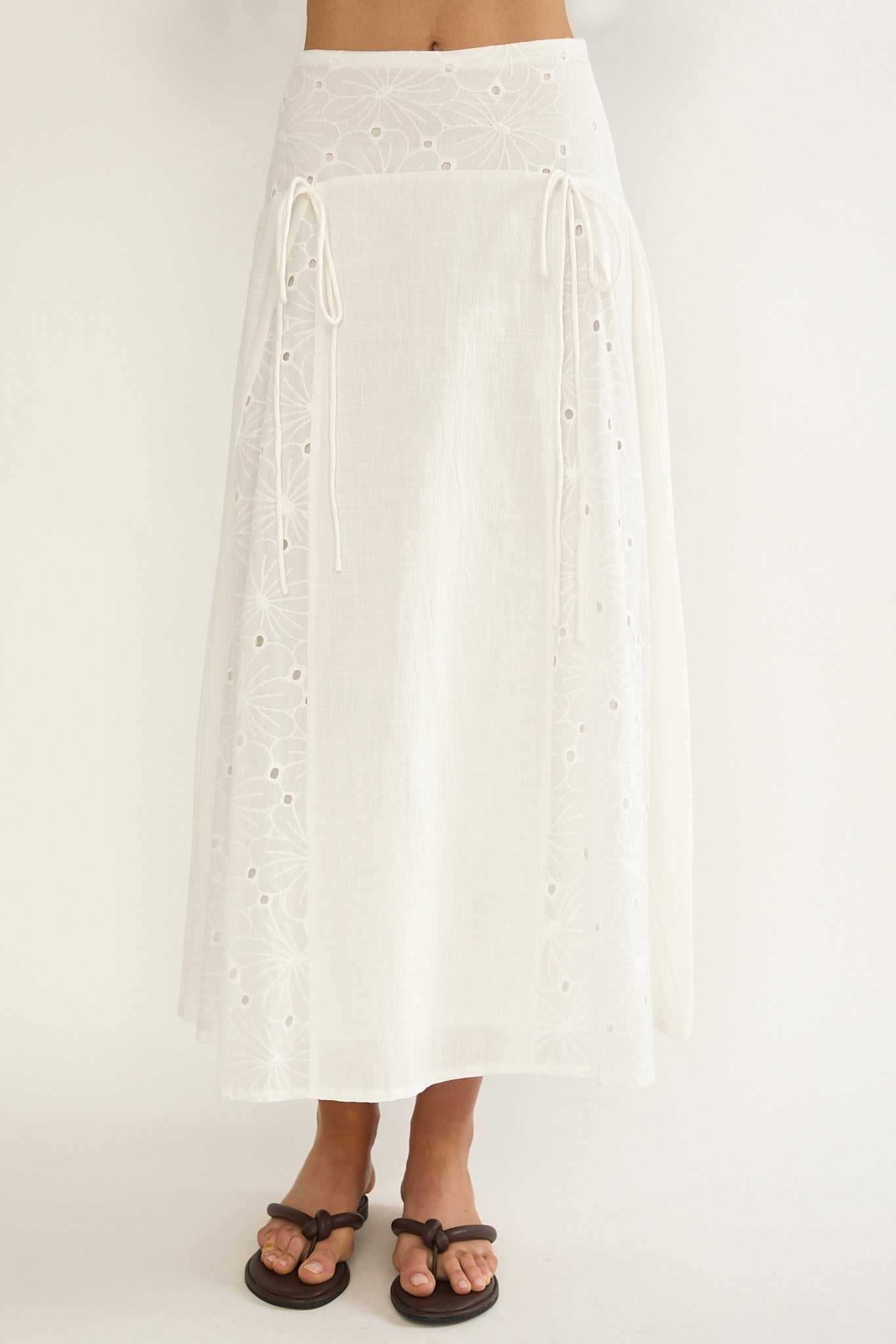 Danette String Tie Embroidery Maxi Skirt White-Maymioy