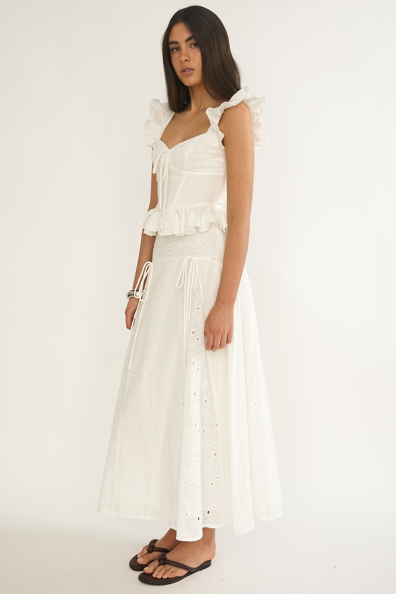 Danette String Tie Embroidery Maxi Skirt White-Maymioy