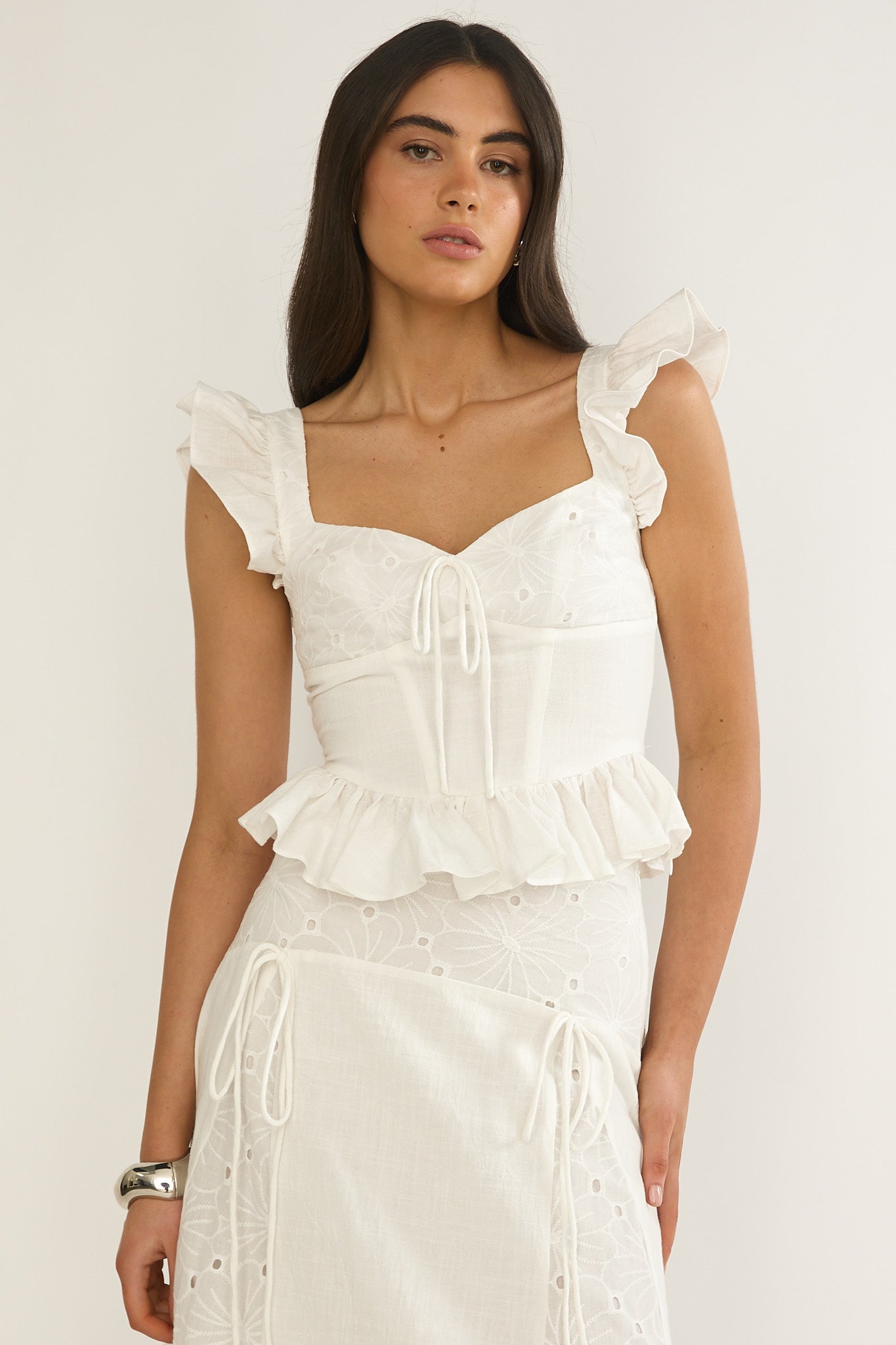 Danette Frill Trim Embroidery Top White-Maymioy