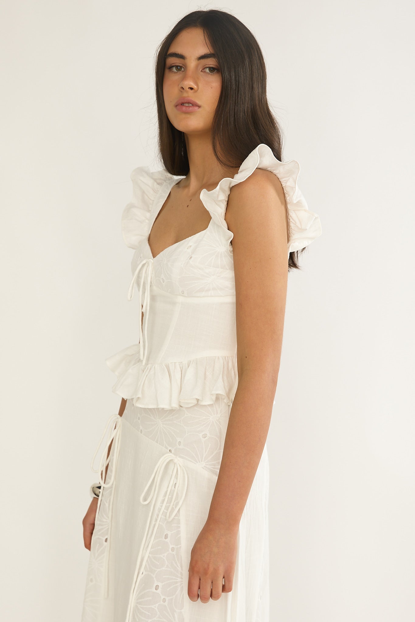 Danette Frill Trim Embroidery Top White-Maymioy