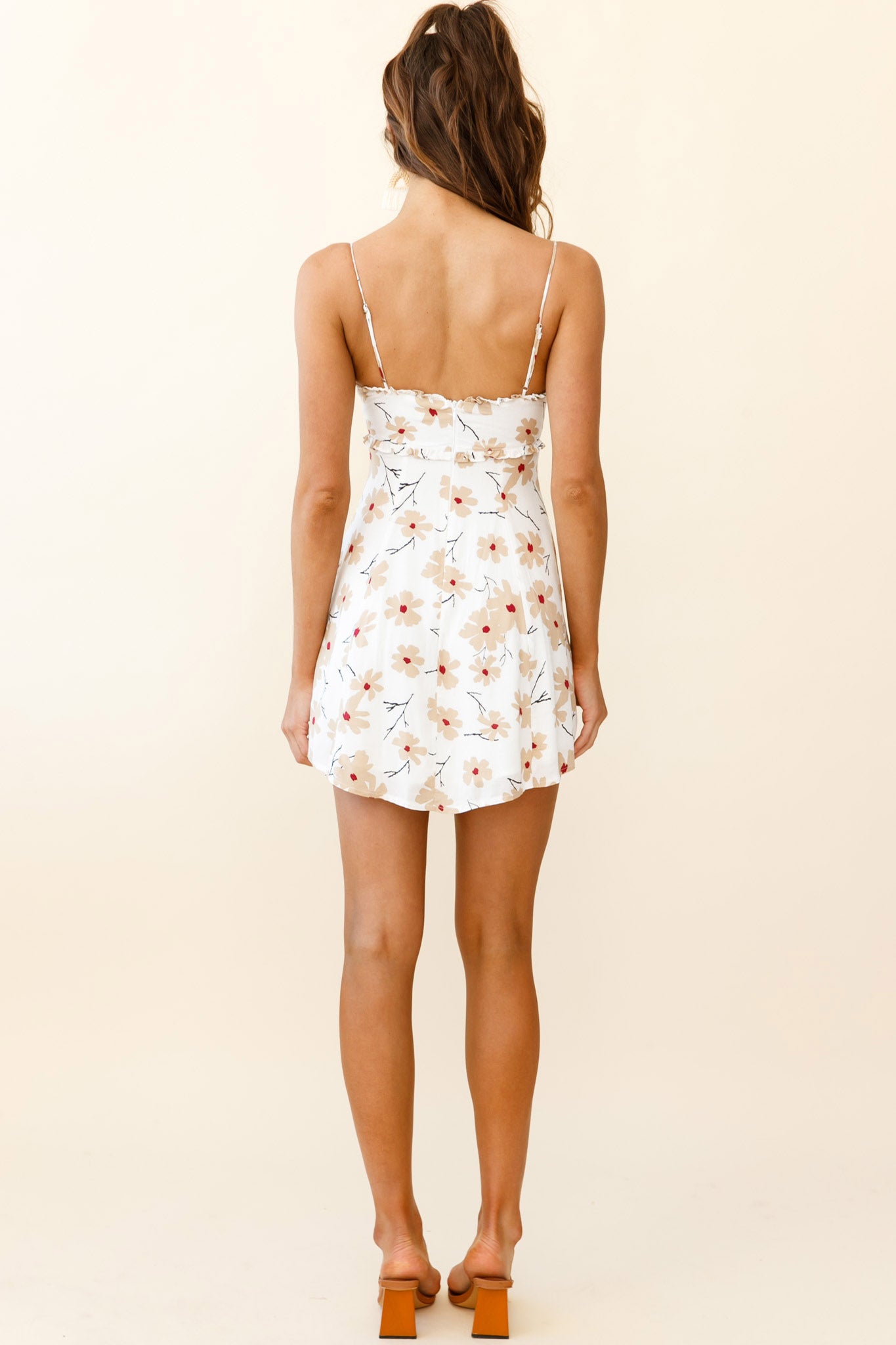 Sail Away Gathered Bust Frill Trim Summer Dress Floral Print White-Maymioy