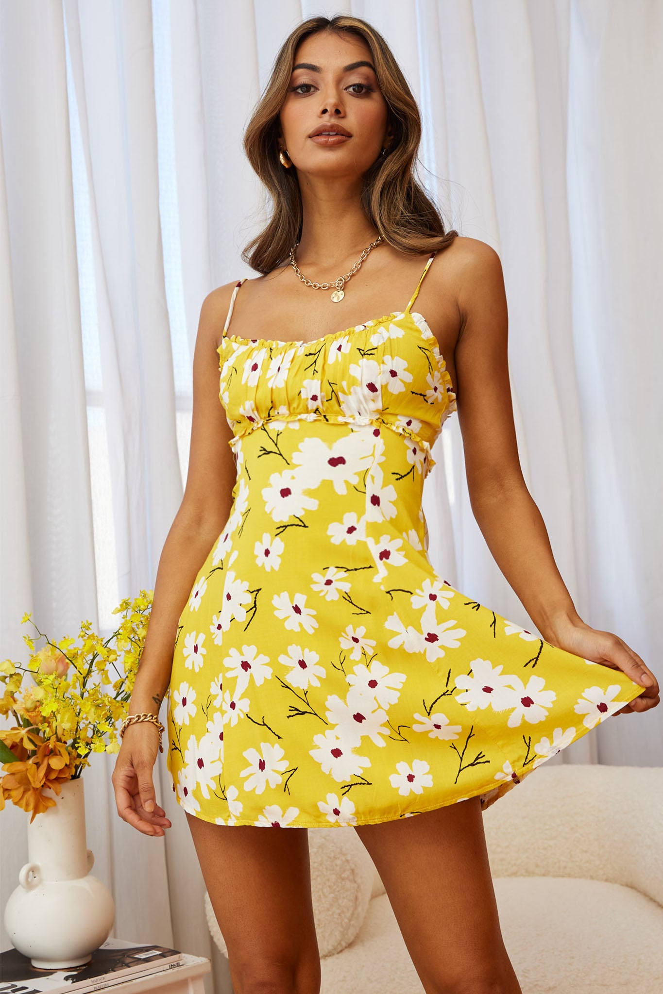 Sail Away Gathered Bust Frill Trim Summer Dress Floral Print Yellow-Maymioy