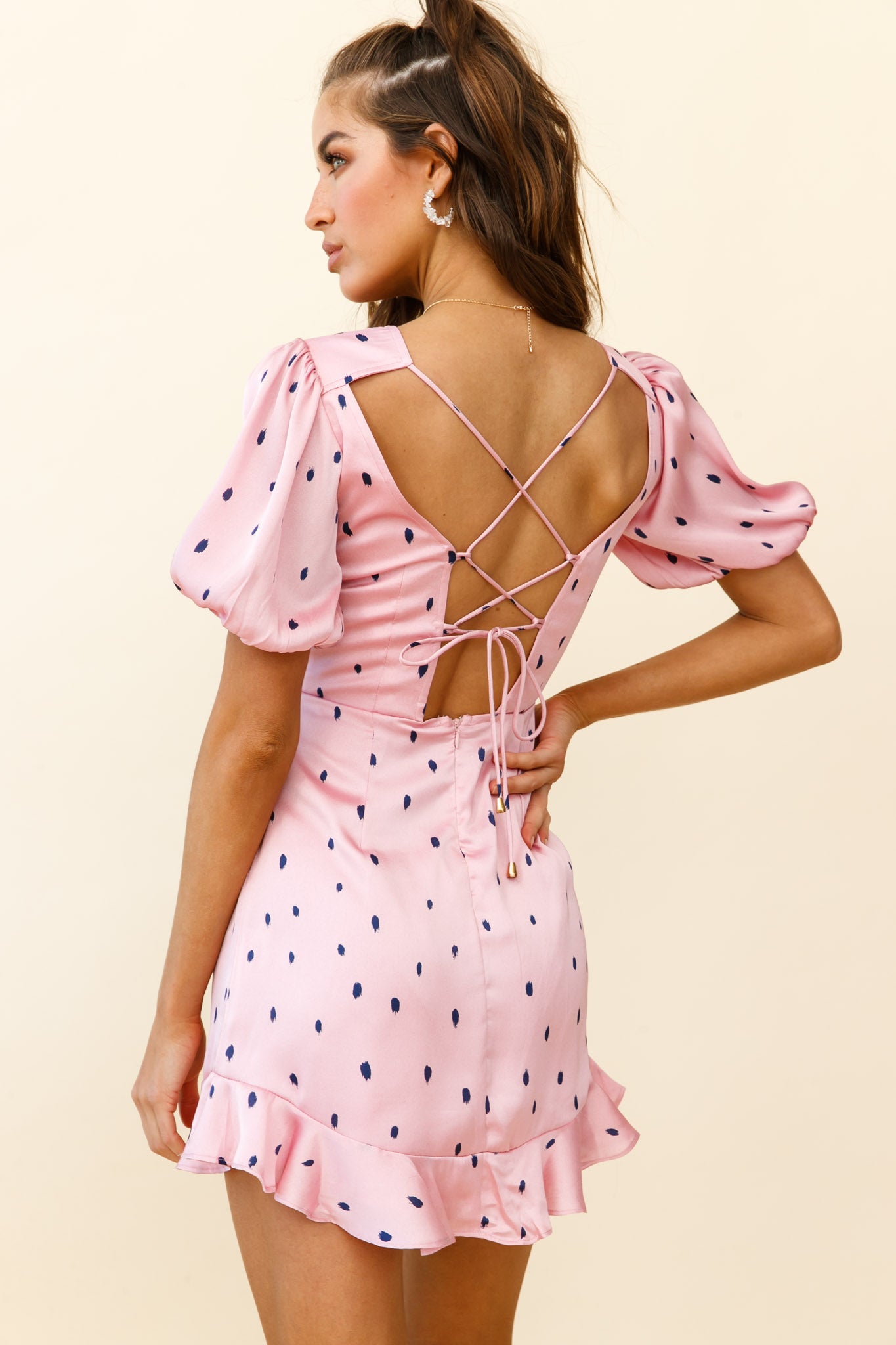 Indiana Puff Sleeve Lace-Up Back Dress Spot Print Pink-Maymioy