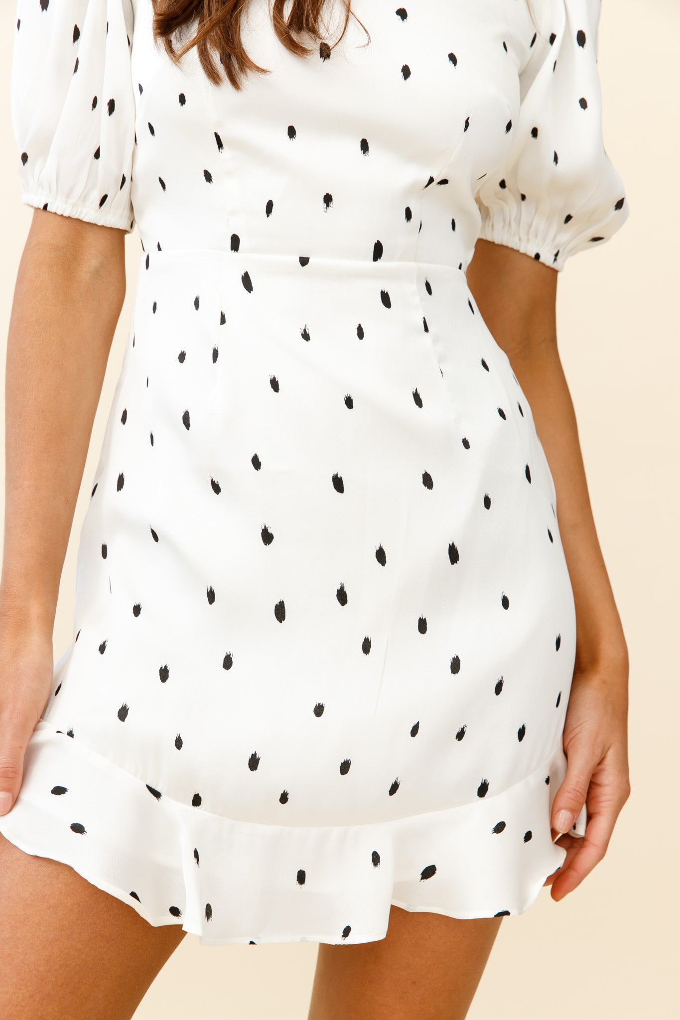 Indiana Puff Sleeve Lace-Up Back Dress Spot Print White-Maymioy