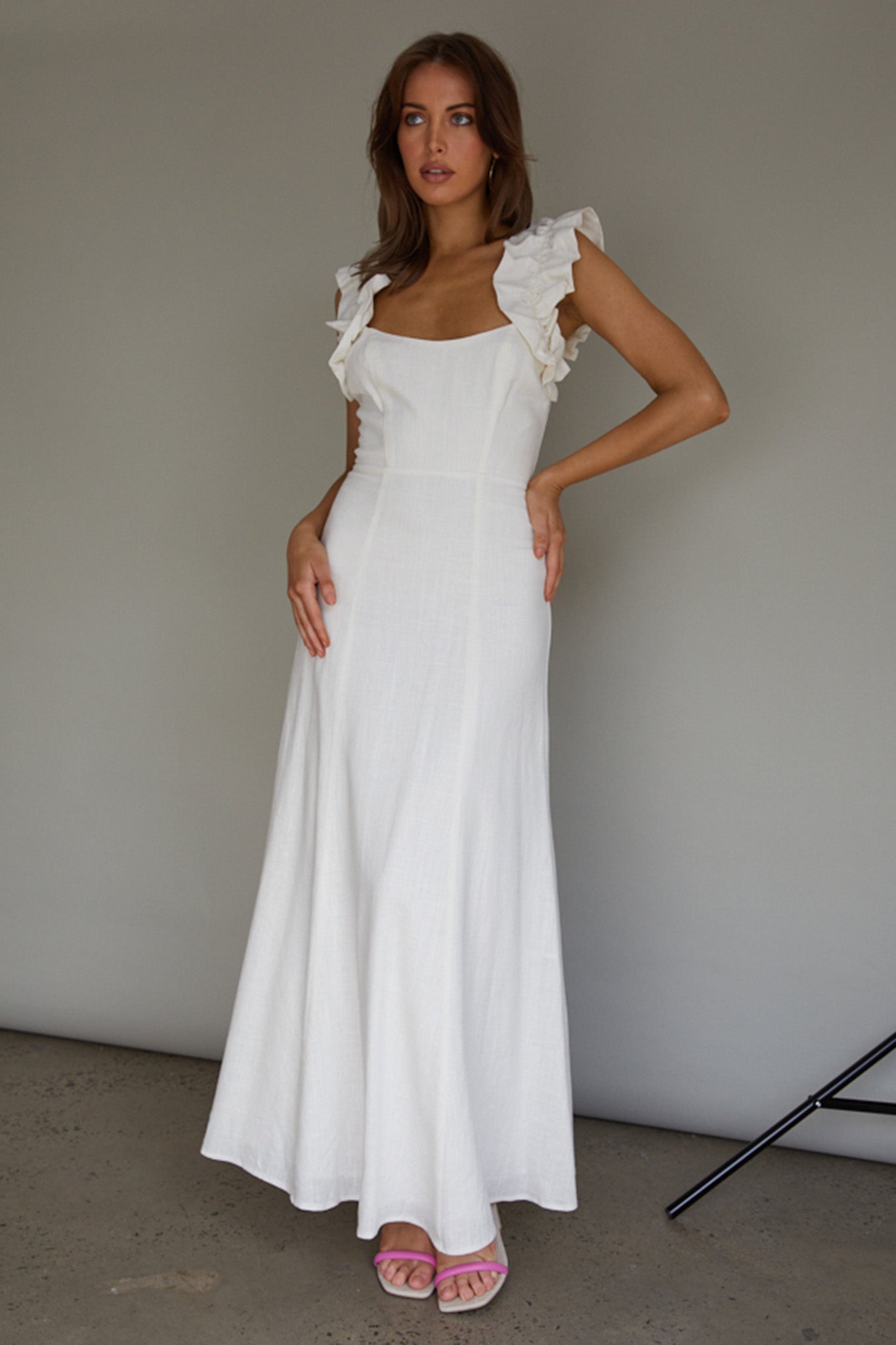 Bronte Ruffle Strap Midi Dress Cream-Maymioy