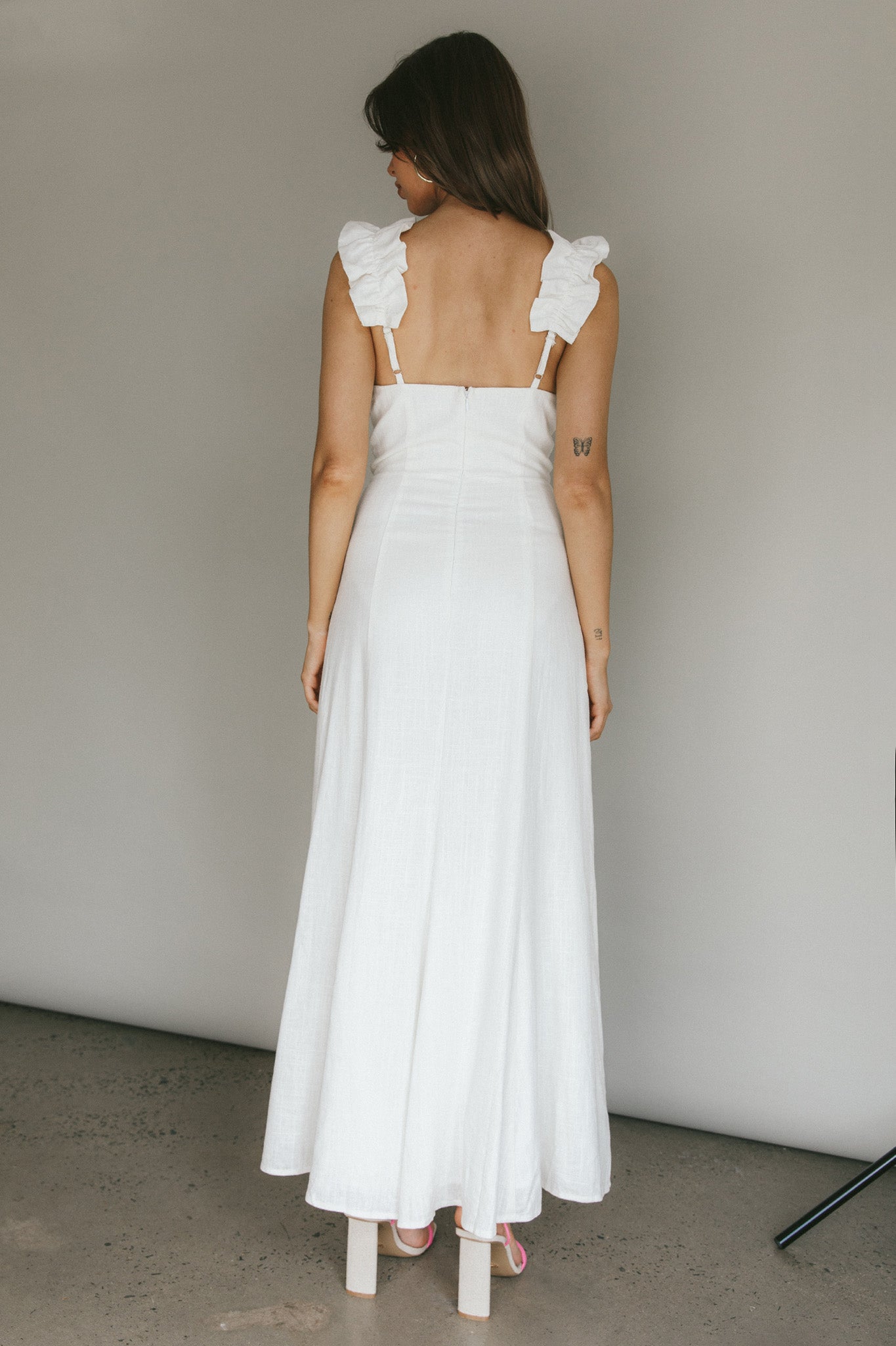 Bronte Ruffle Strap Midi Dress Cream-Maymioy