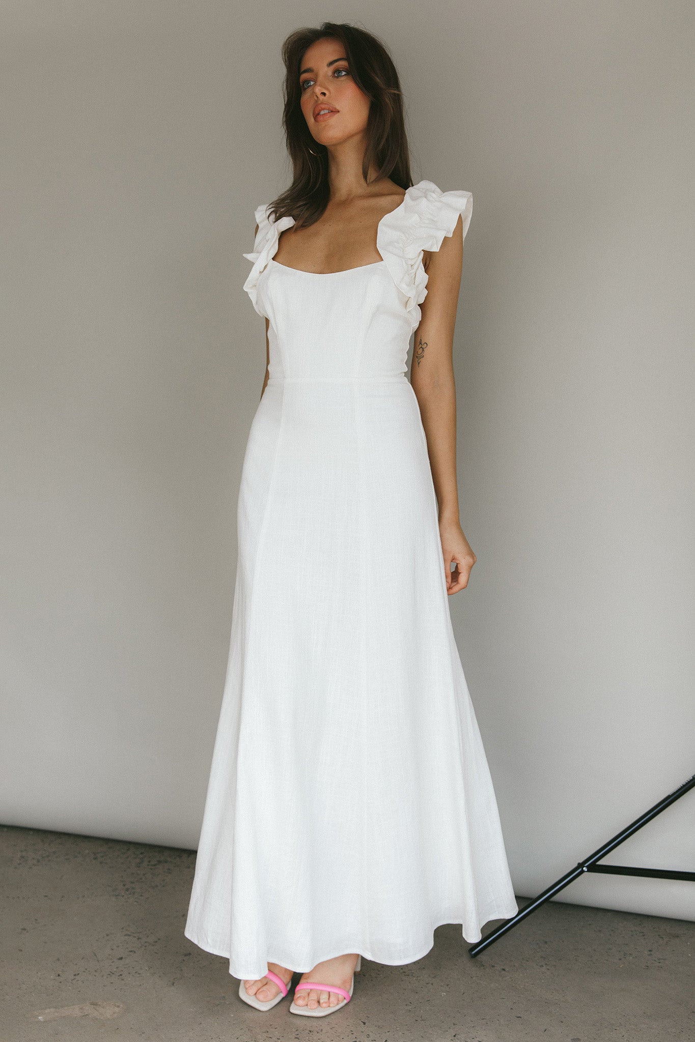 Bronte Ruffle Strap Midi Dress Cream-Maymioy