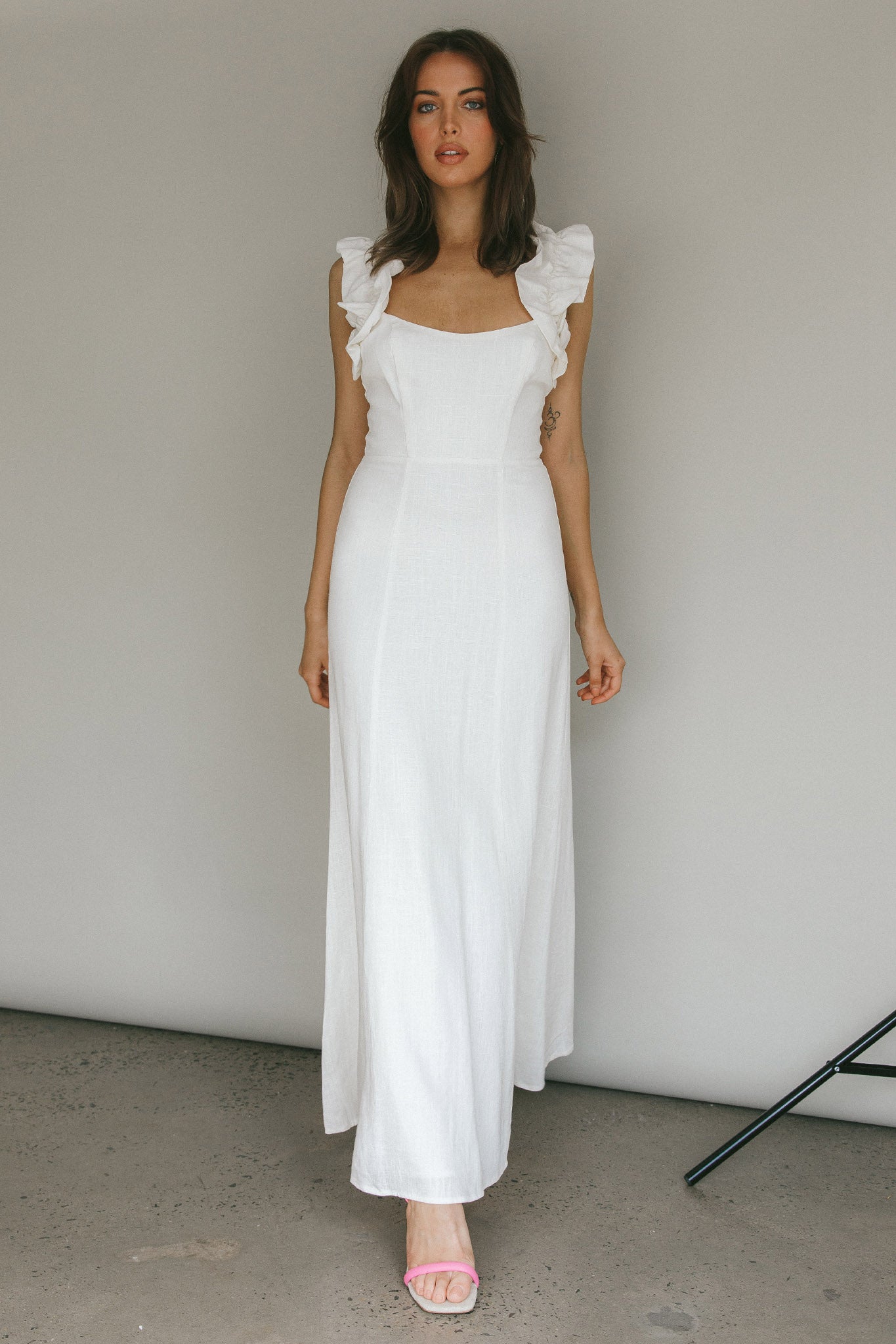 Bronte Ruffle Strap Midi Dress Cream-Maymioy