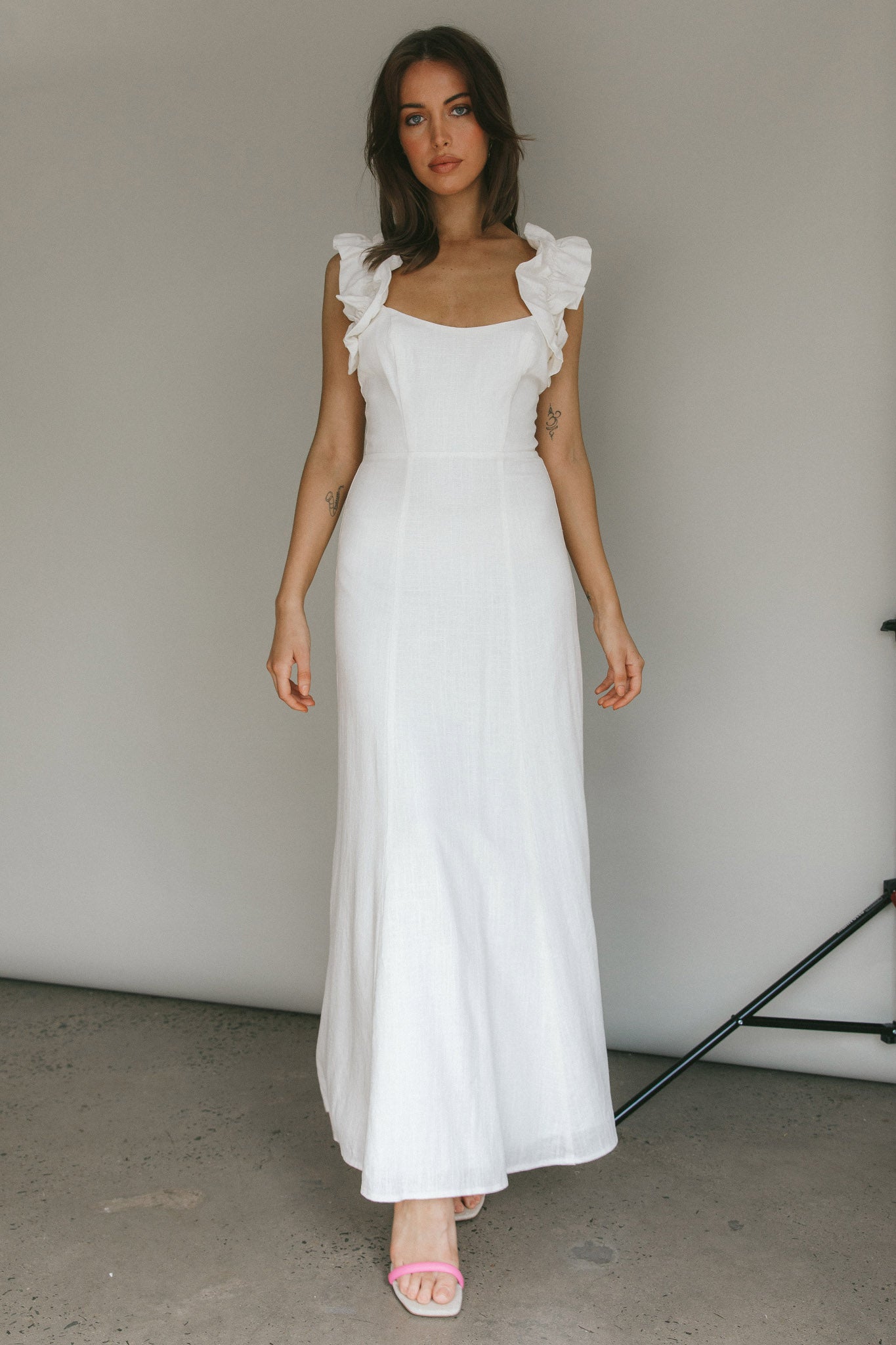 Bronte Ruffle Strap Midi Dress Cream-Maymioy