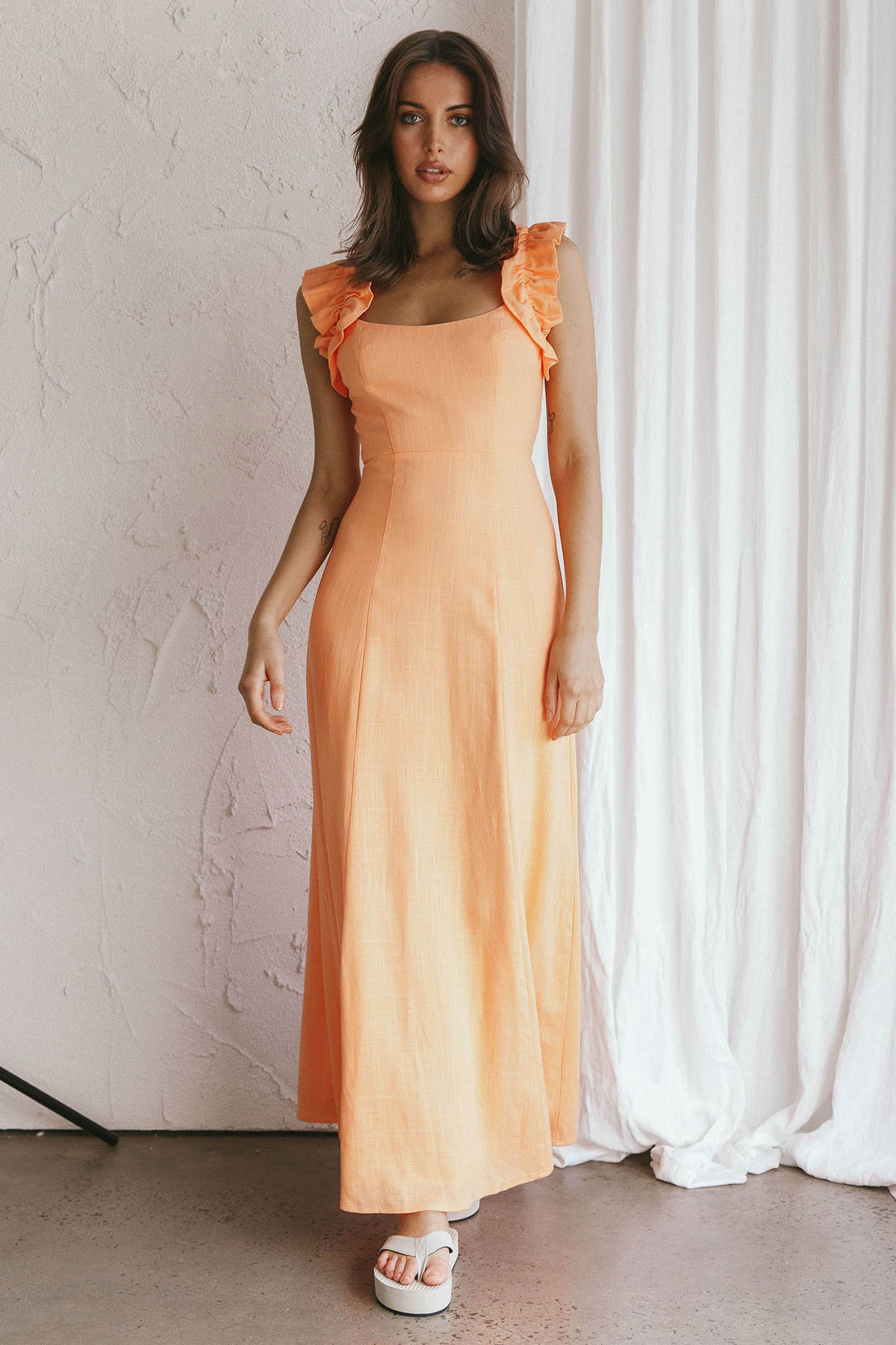 Bronte Ruffle Strap Midi Dress Papaya-Maymioy