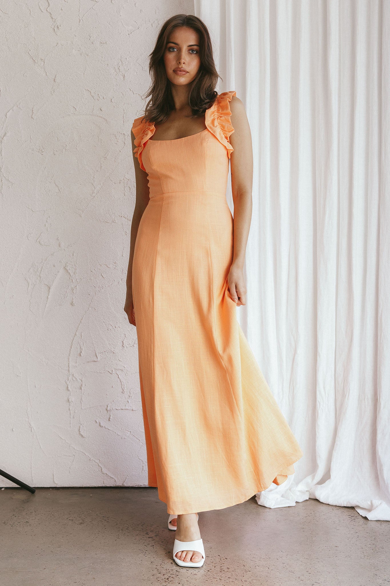 Bronte Ruffle Strap Midi Dress Papaya-Maymioy