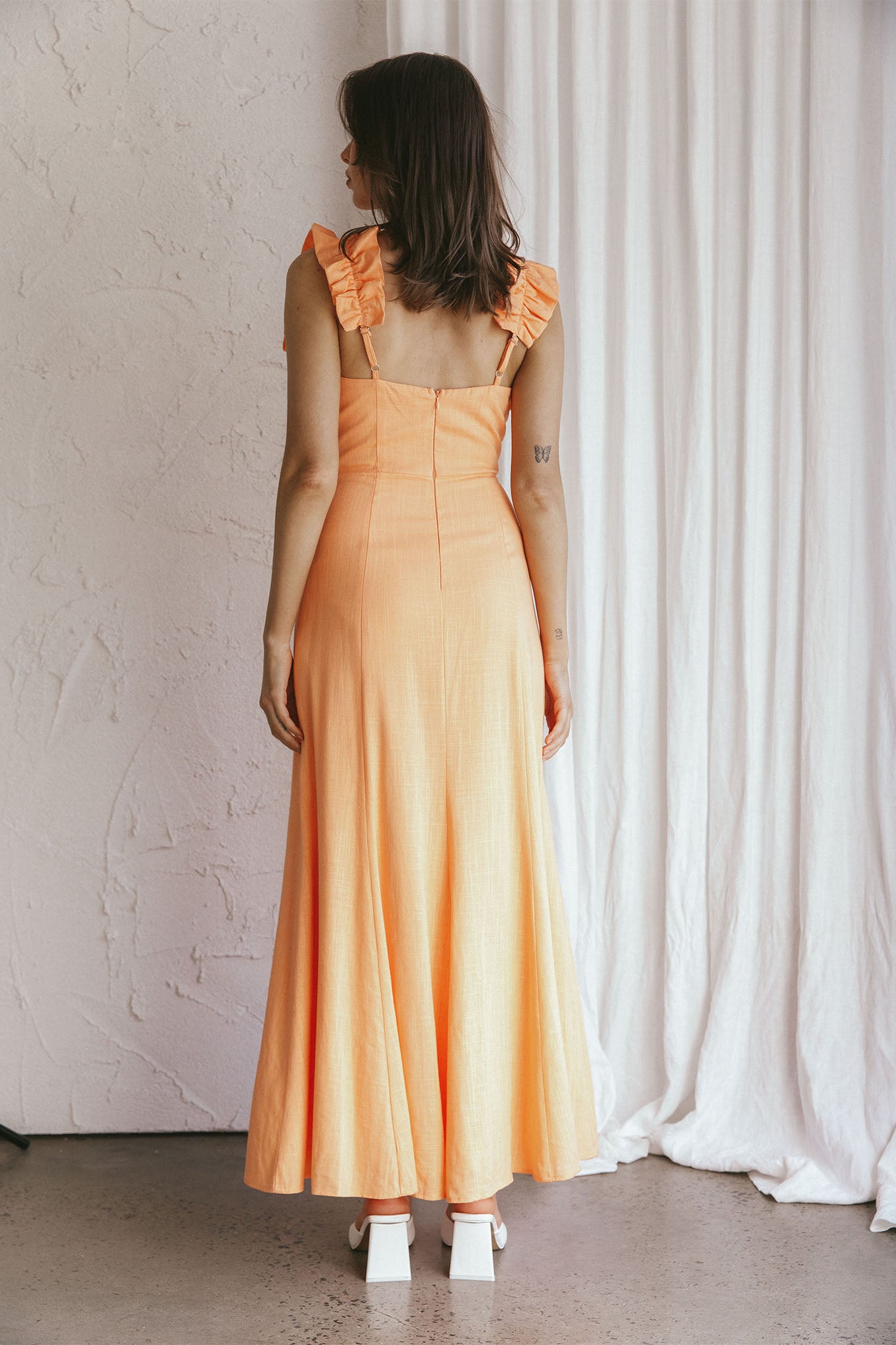Bronte Ruffle Strap Midi Dress Papaya-Maymioy