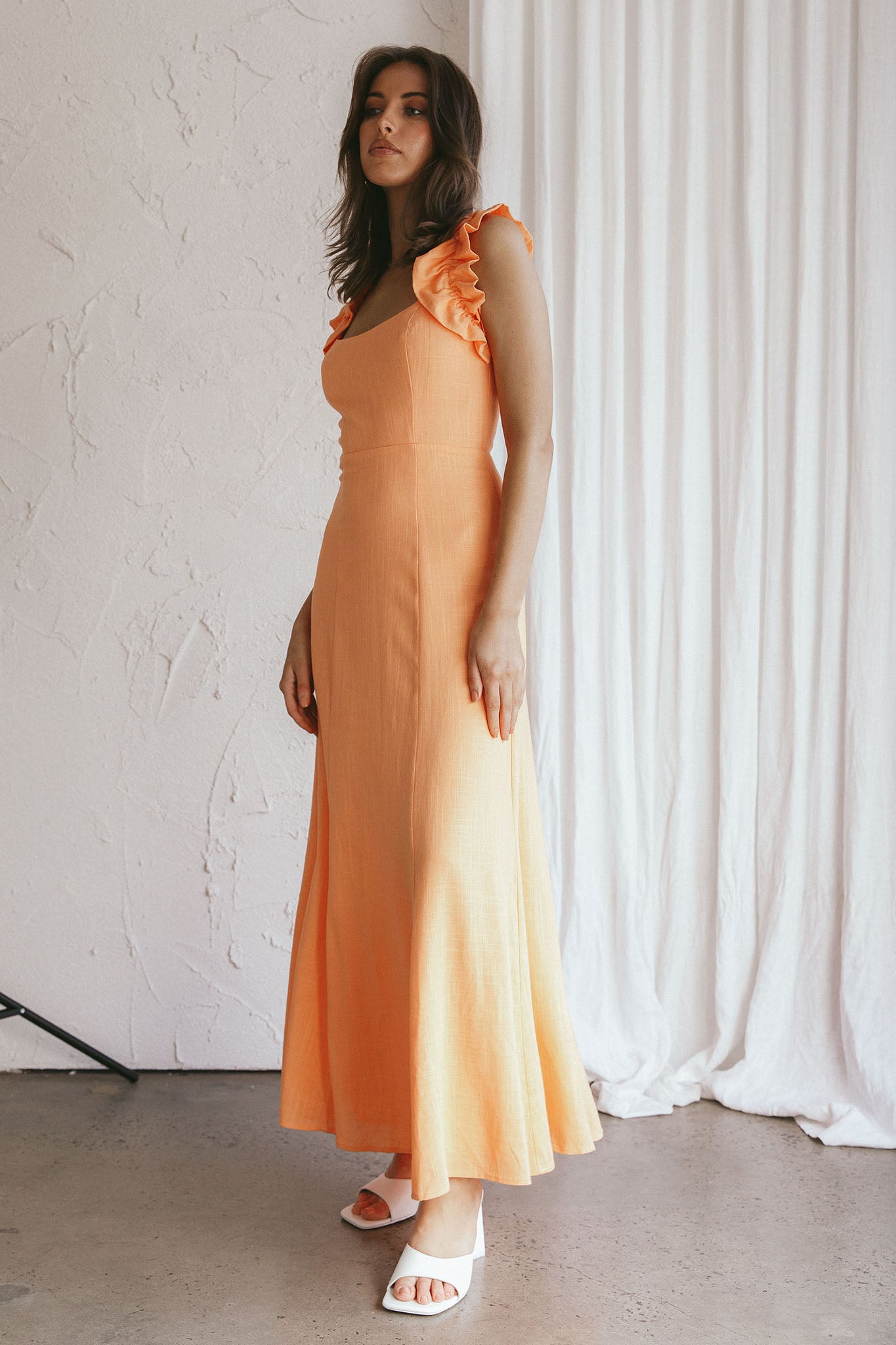 Bronte Ruffle Strap Midi Dress Papaya-Maymioy